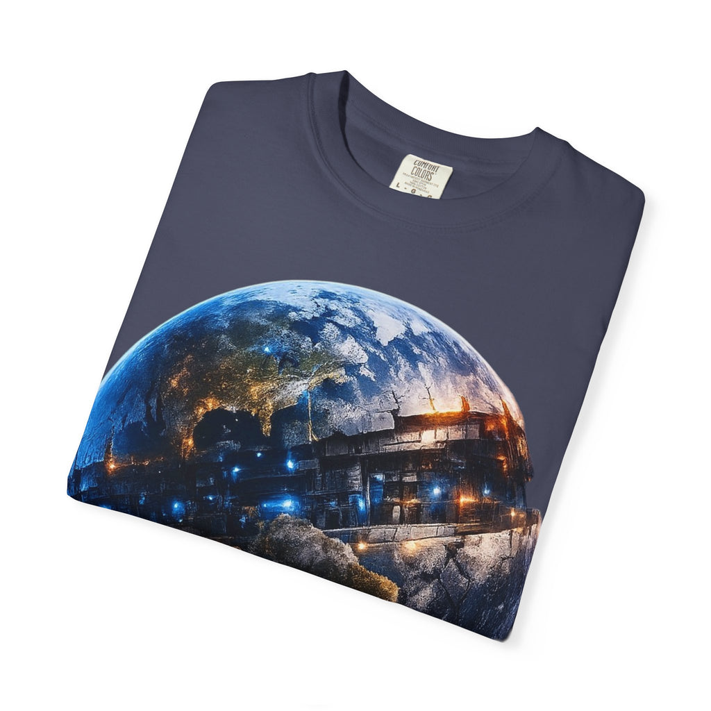PRB Cityscape Globe T-shirt | Nighttime Earth Illustration, Urban Lights by Power Runs Black