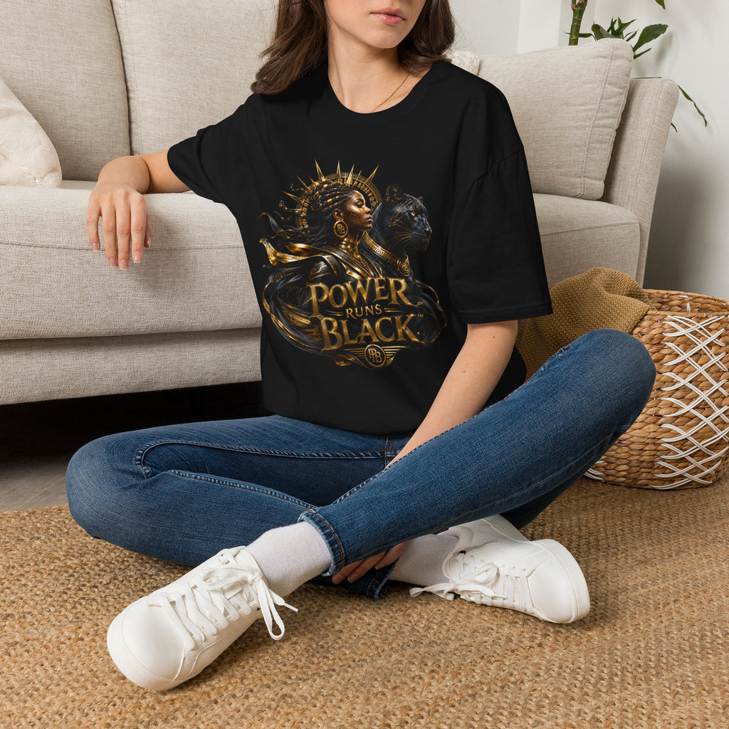 Power Runs Black PRB | Black Woman Portrait, Gold Accents Panther Graphics T by Printify