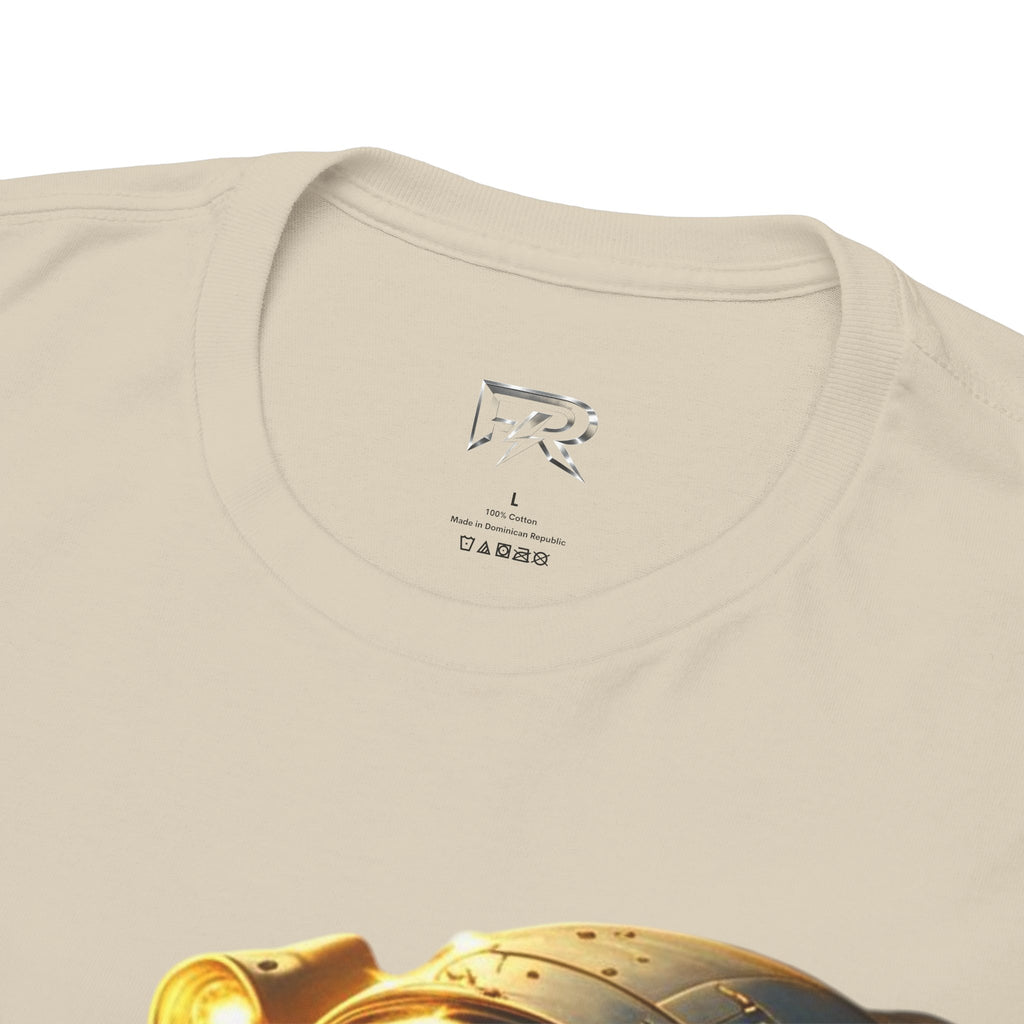 Power Runs Black PRB Golden Astronaut Portrait T-Shirt | Space Helmet Art, Cosmic Lights by Printify