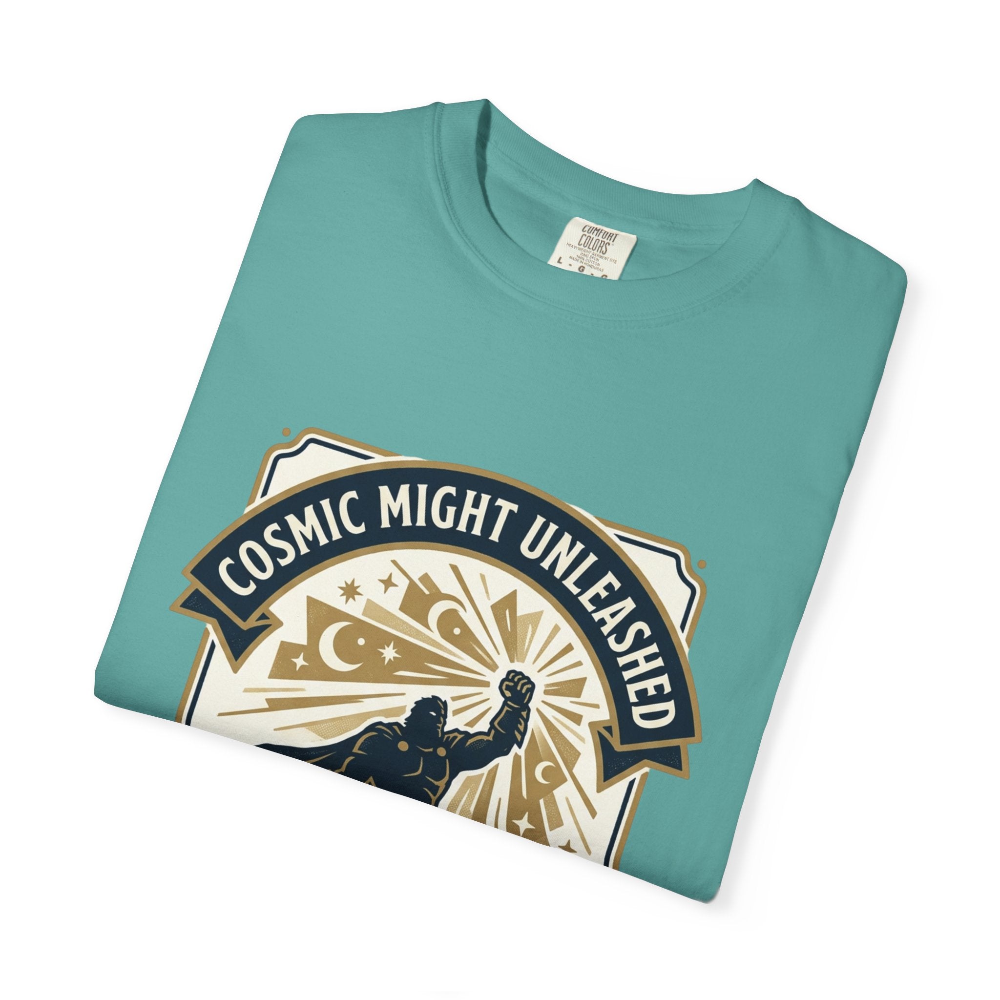 PRB Starforged Flex Cosmic Might Unleashed T-Shirt — Retro Superhero Space Graphic ('Power Does Not Rise, It Returns') by Power Runs Black