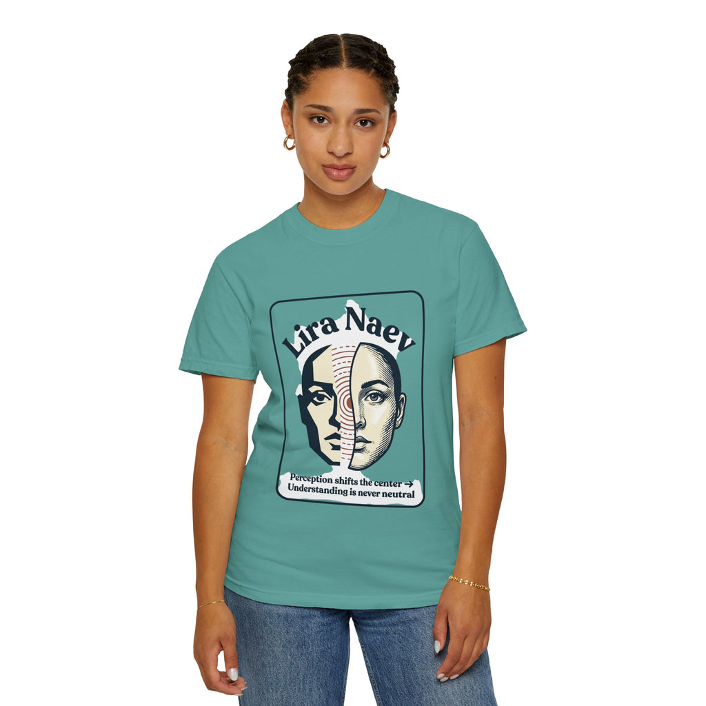 Power Runs Black PRB Lira Naev Split-Face Graphic T-Shirt — “Perception shifts the center” Statement Tee by Printify