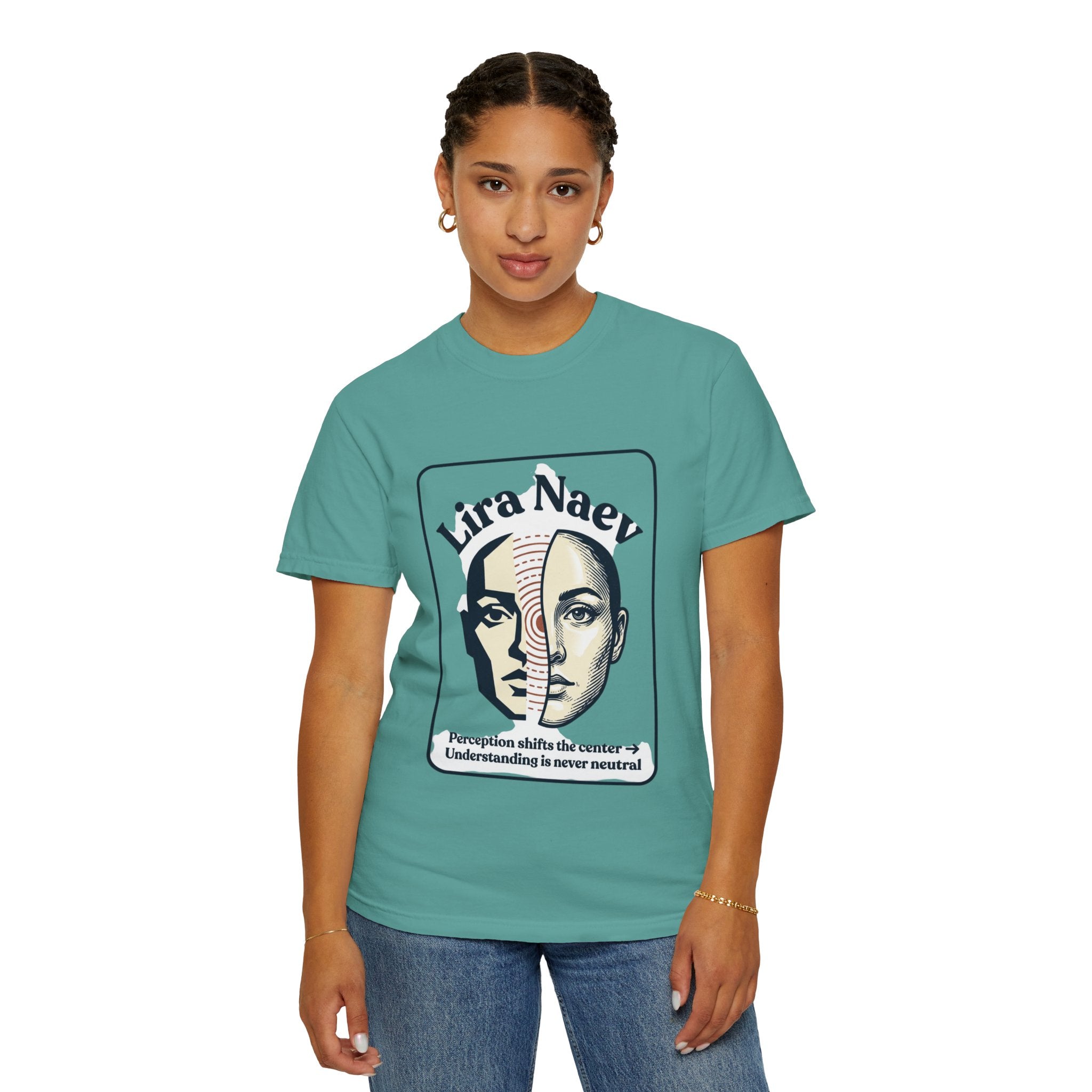 Power Runs Black PRB Lira Naev Split-Face Graphic T-Shirt — “Perception shifts the center” Statement Tee by Printify
