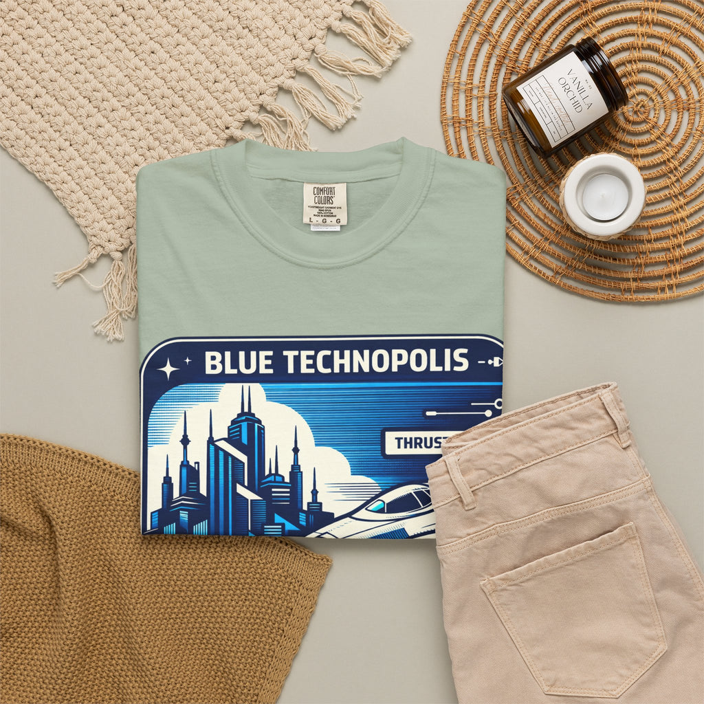 Power Runs Black PRB Technopolis Spacecraft T-Shirt — Blue Technopolis Retro Sci‑Fi Tee by Printify