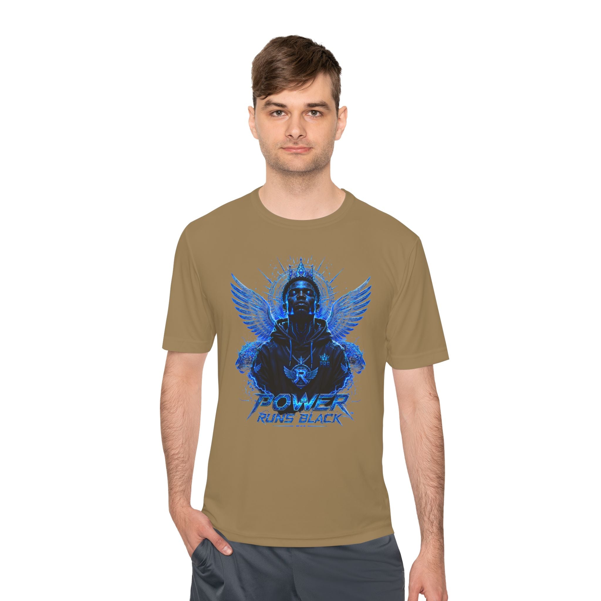 Power Runs Black graphic Tee | Blue angel wings, armored figure, bold script by Power Runs Black