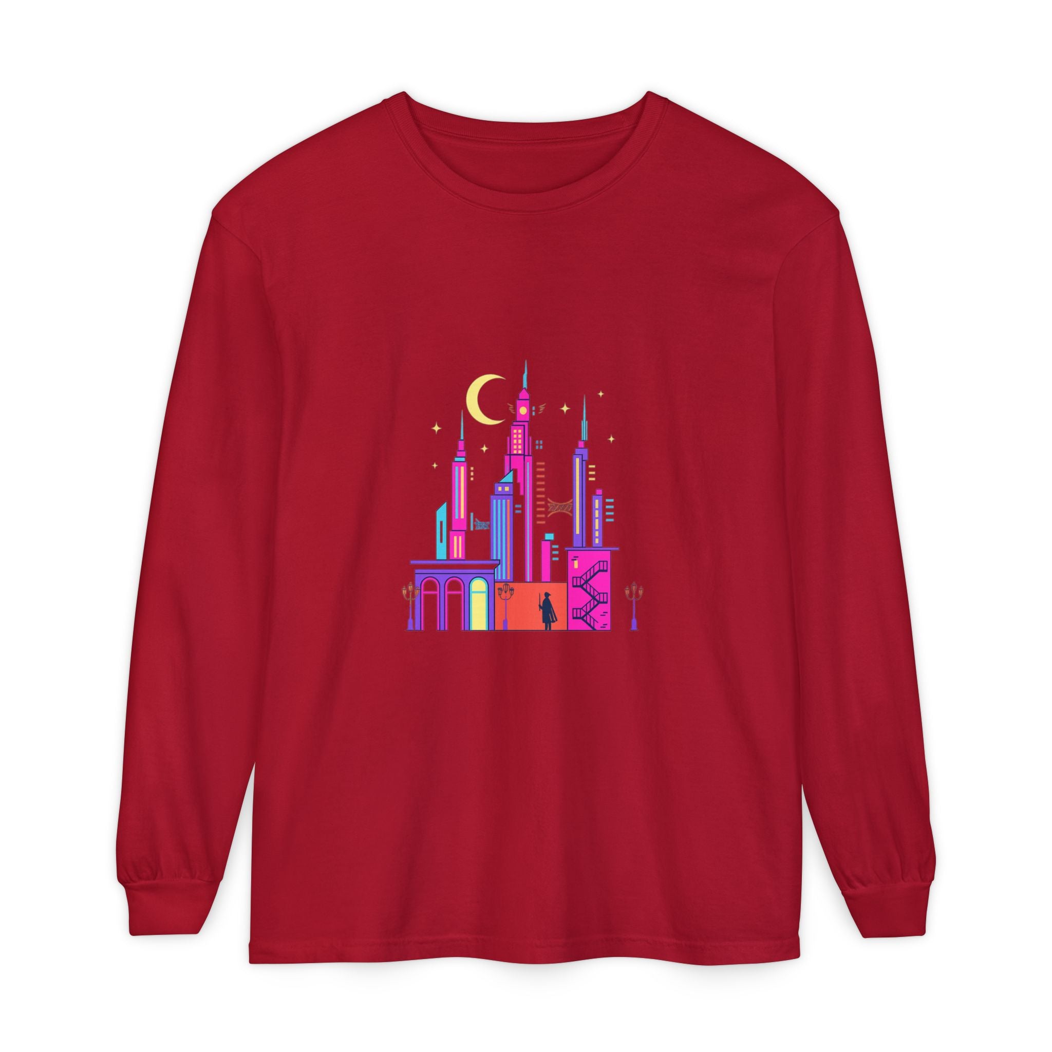 PRB Neon City Skyline Long Sleeve Shirt | Urban Nightscape Illustration by Power Runs Black