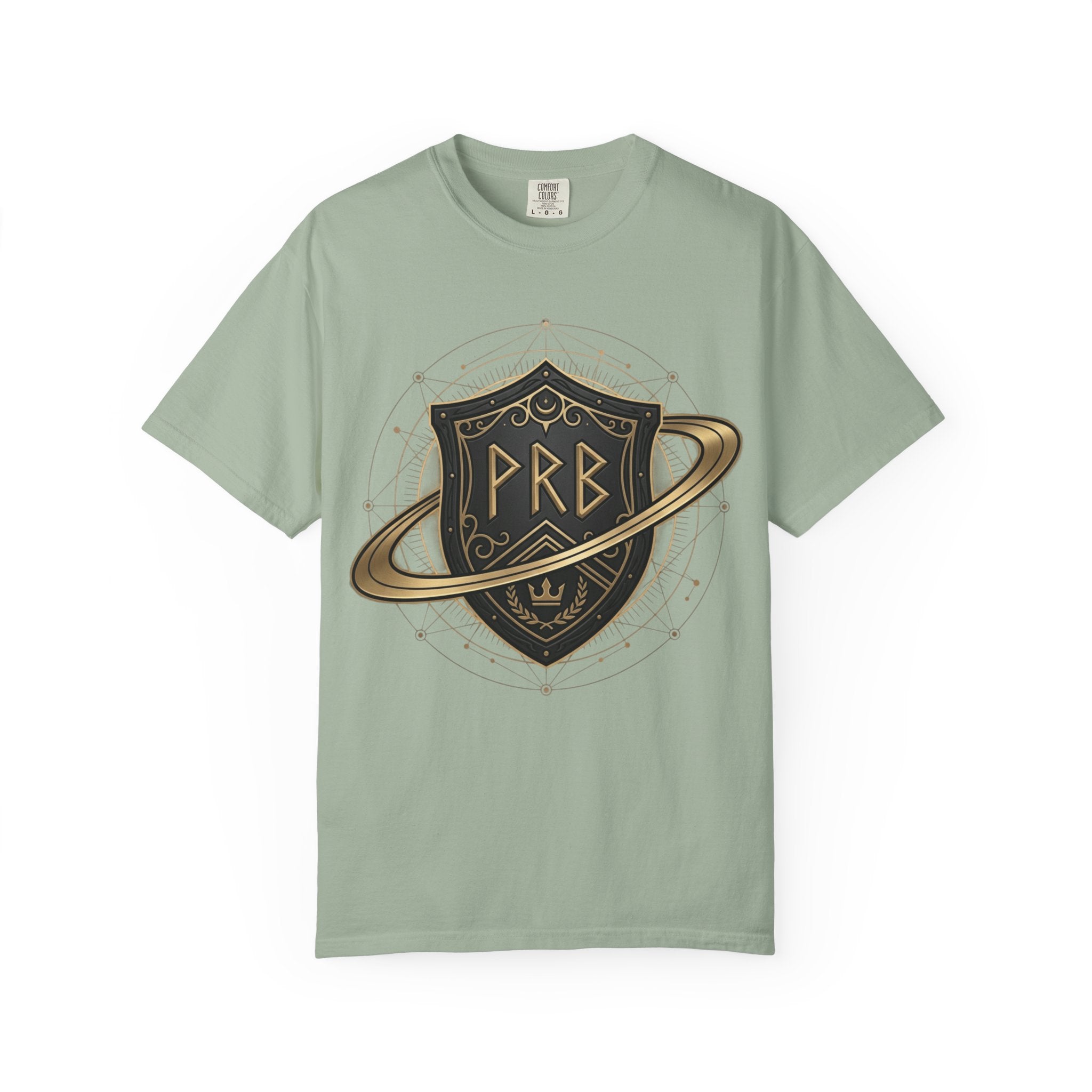 Power Runs Black Astral Crest Shield PRB T-Shirt | Saturn Ring Emblem, Gothic Heraldry by Printify