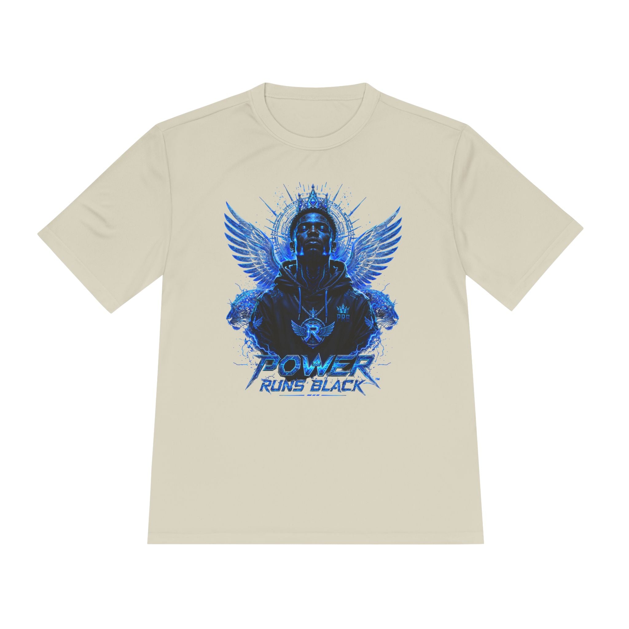 Power Runs Black graphic Tee | Blue angel wings, armored figure, bold script by Power Runs Black