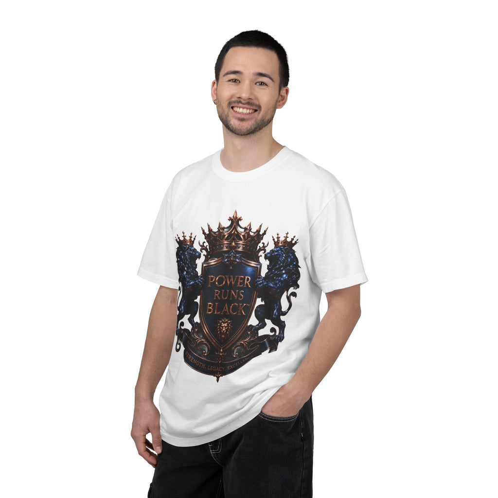 Power Runs Black Crest T-shirt | Heraldic Lion Shield Tee by Power Runs Black