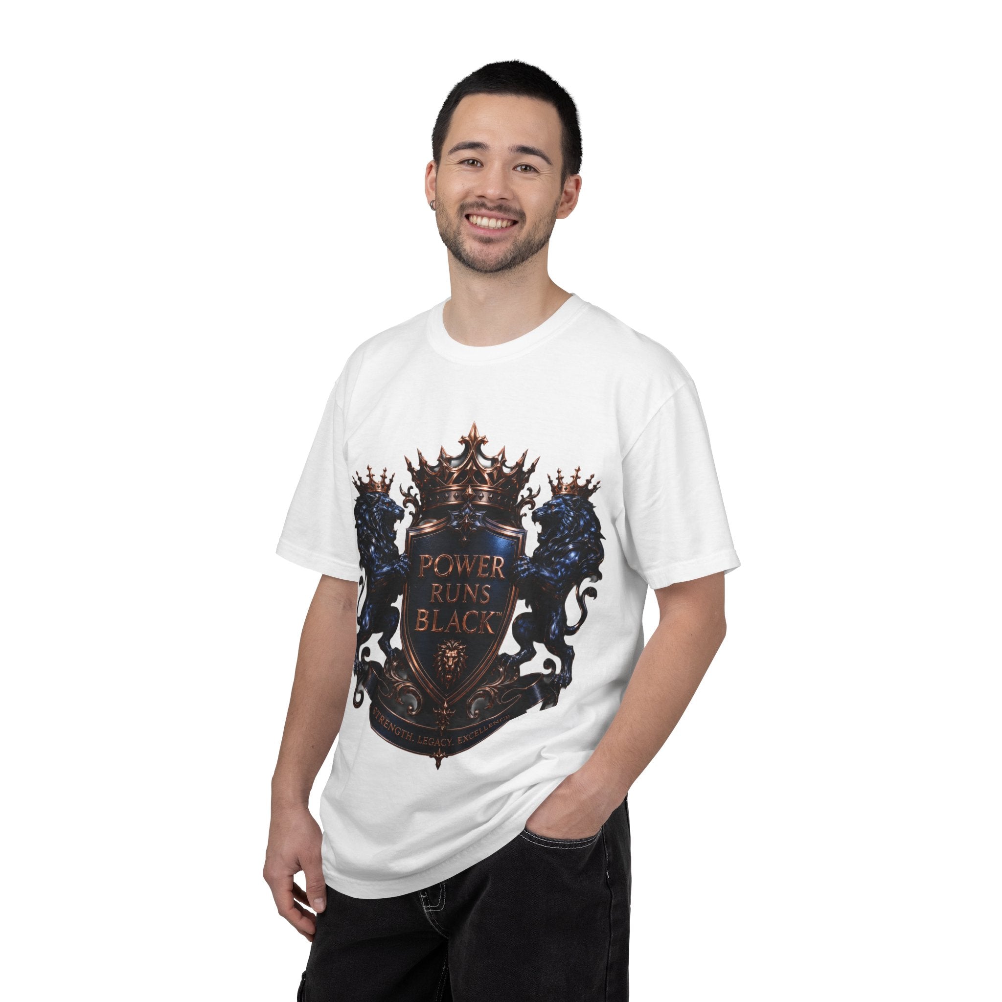 Power Runs Black Crest T-shirt | Heraldic Lion Shield Tee by Power Runs Black