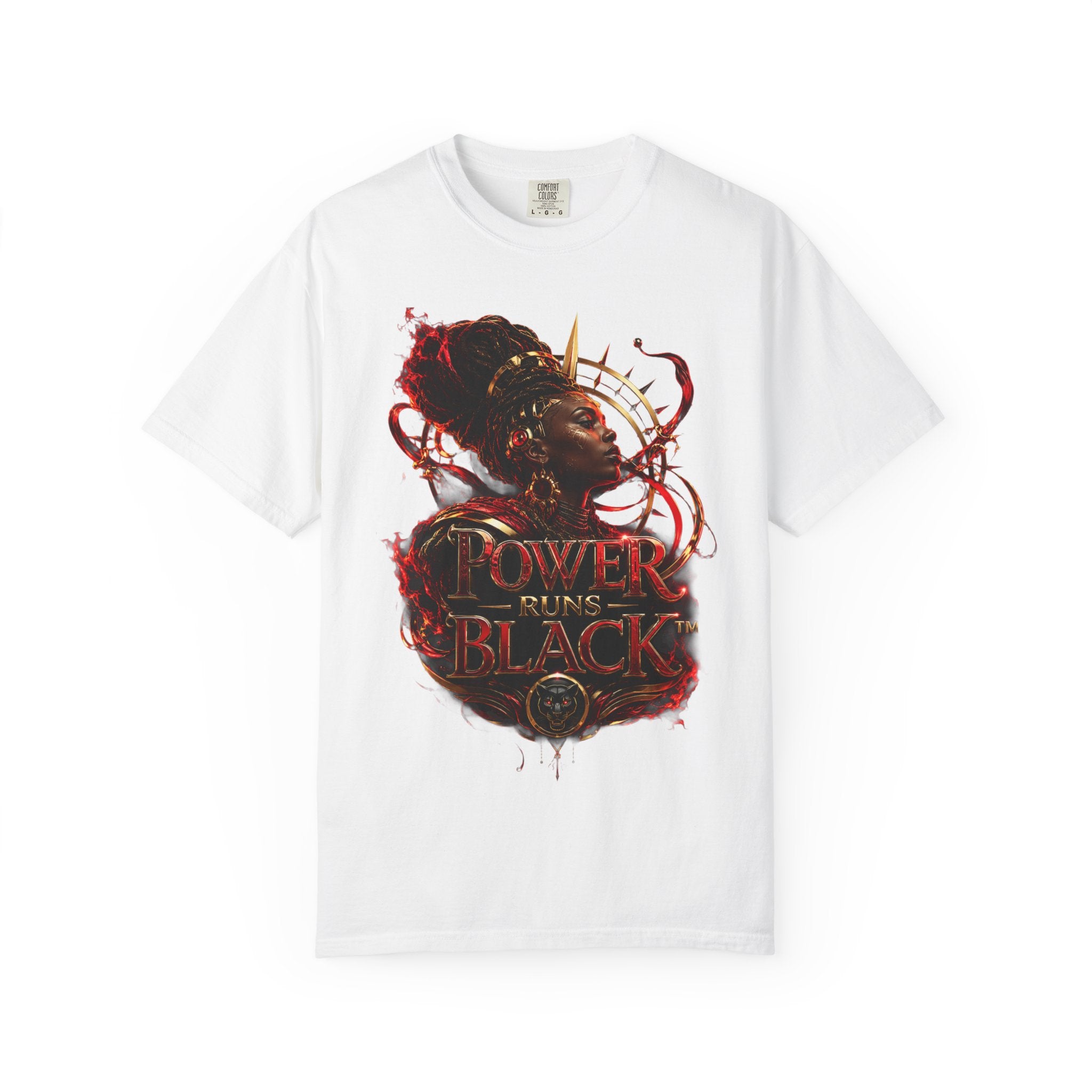 Power Runs Black T-Shirt — Afrocentric Crowned Goddess Graphic Tee by Printify