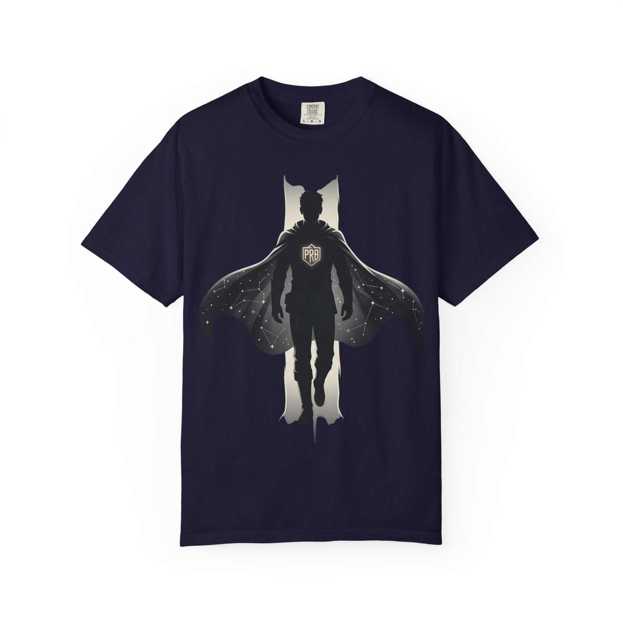 Power Runs Black Silhouette PRB Superhero with Cape T-shirt | Night Sky Emblem, Graphic Tee by Printify