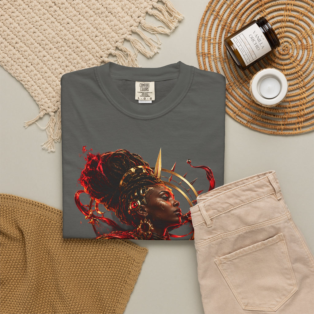 Power Runs Black T-Shirt — Afrocentric Crowned Goddess Graphic Tee by Printify