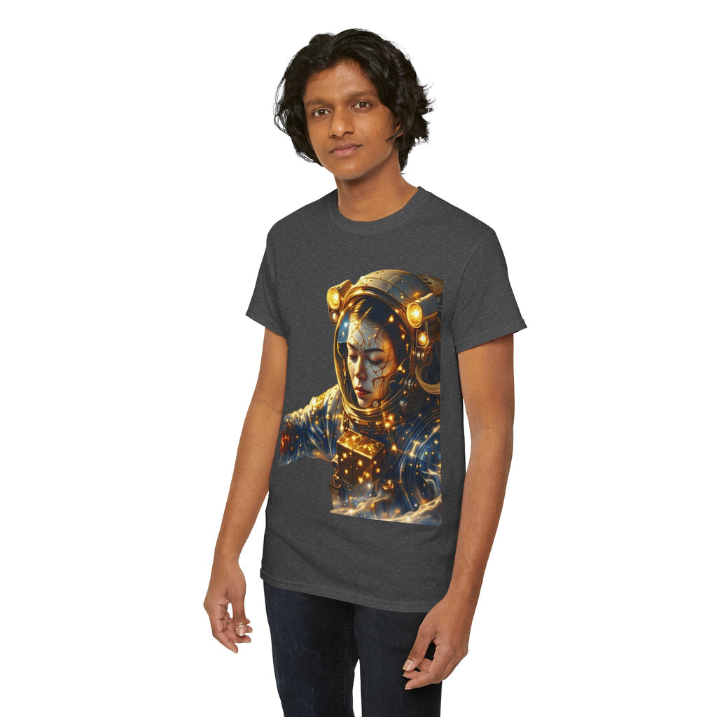 Power Runs Black PRB Golden Astronaut Portrait T-Shirt | Space Helmet Art, Cosmic Lights by Printify