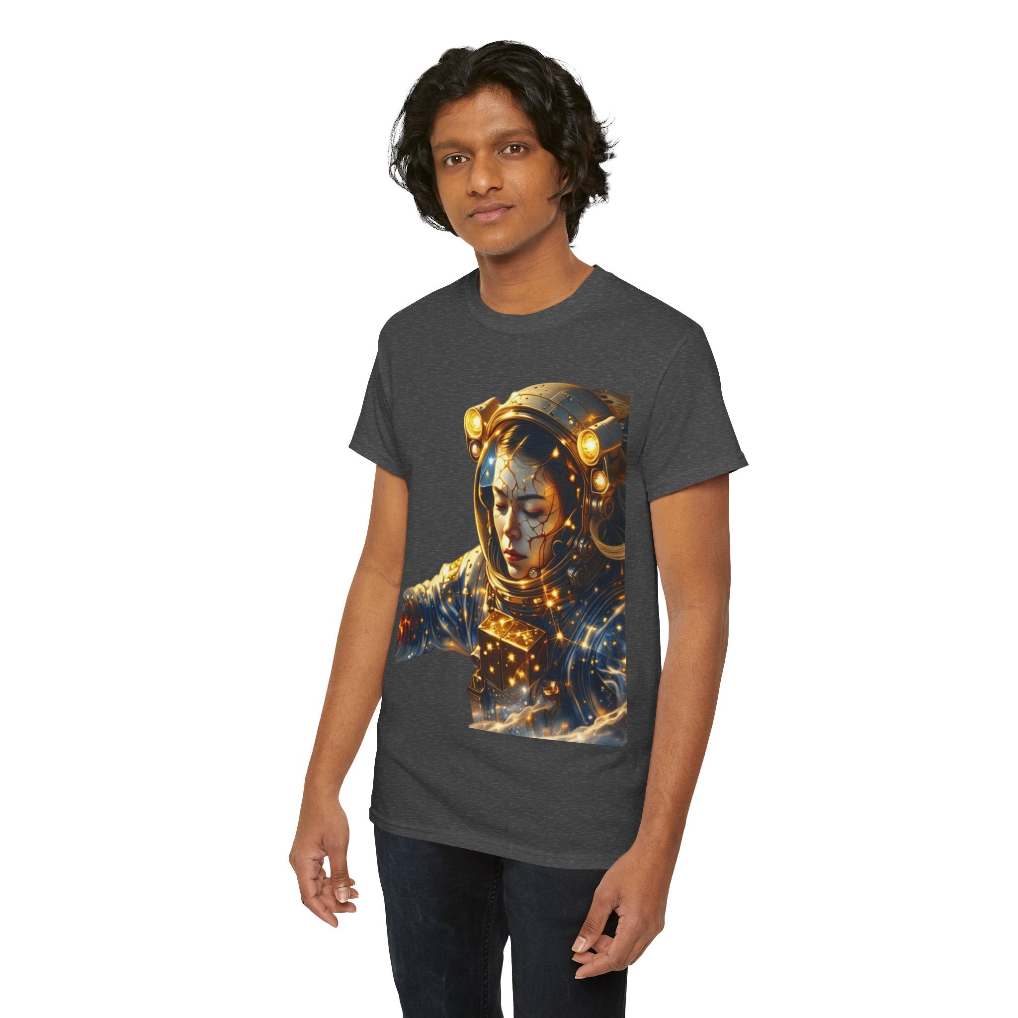 Power Runs Black PRB Golden Astronaut Portrait T-Shirt | Space Helmet Art, Cosmic Lights by Printify
