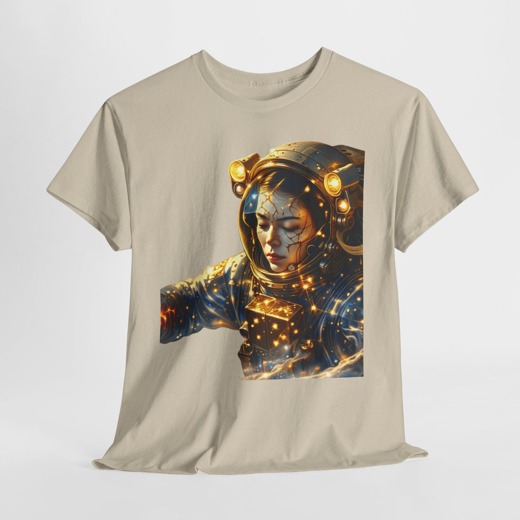 Power Runs Black PRB Golden Astronaut Portrait T-Shirt | Space Helmet Art, Cosmic Lights by Printify