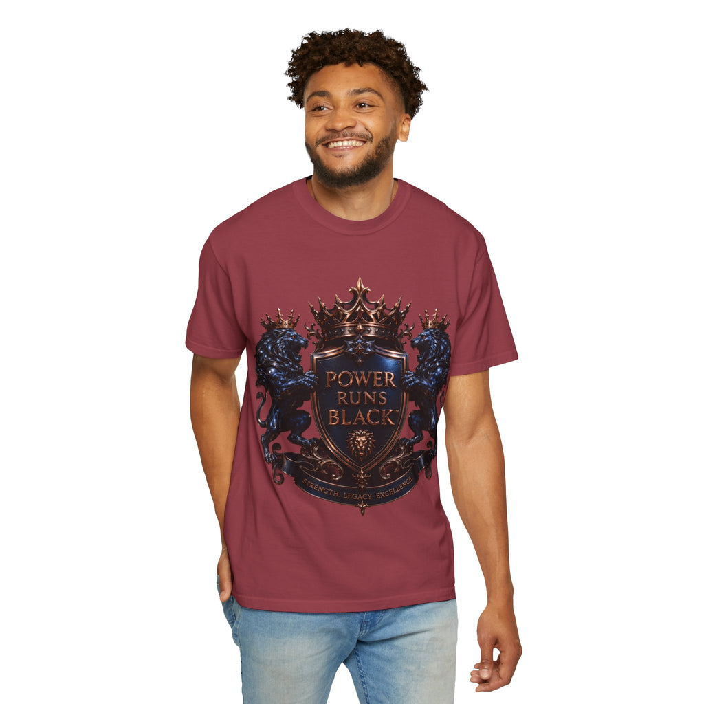 Power Runs Black Crest T-shirt | Heraldic Lion Shield Tee by Power Runs Black