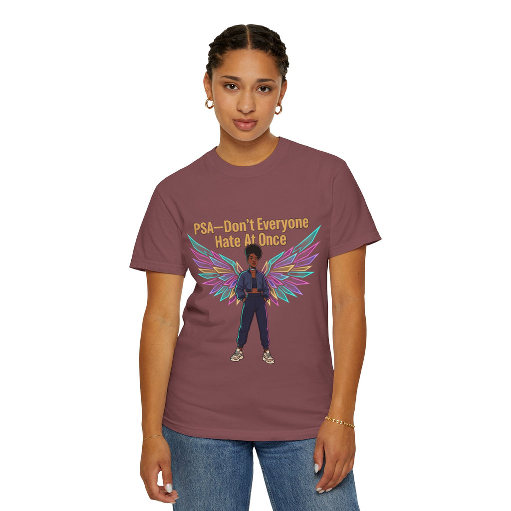 T-Shirt — PSA “Don't Everyone Hate At Once” Angel Wings Graphic Tee by Printify