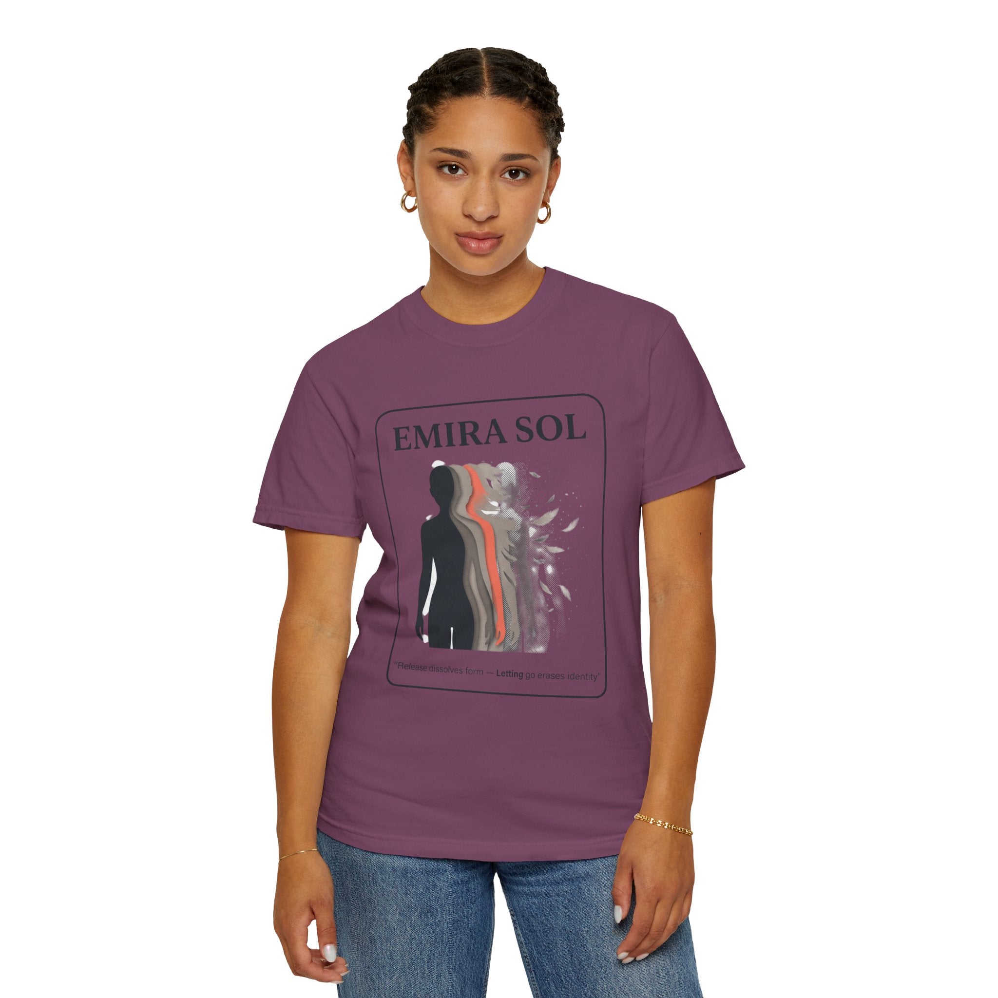 Power Runs Black PRB Emira Sol Graphic T-Shirt — Silhouette Art "Release Shadows" Tee by Printify