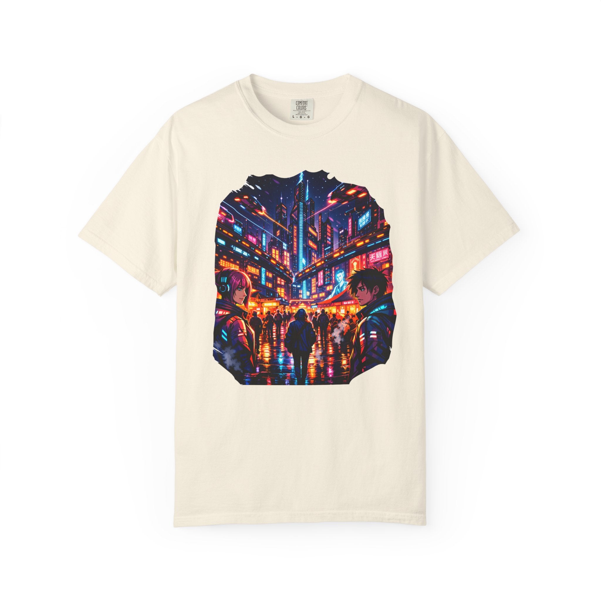 PRB Neon Cyberpunk Cityscape T-shirt | Anime Night Rain Streets by Power Runs Black