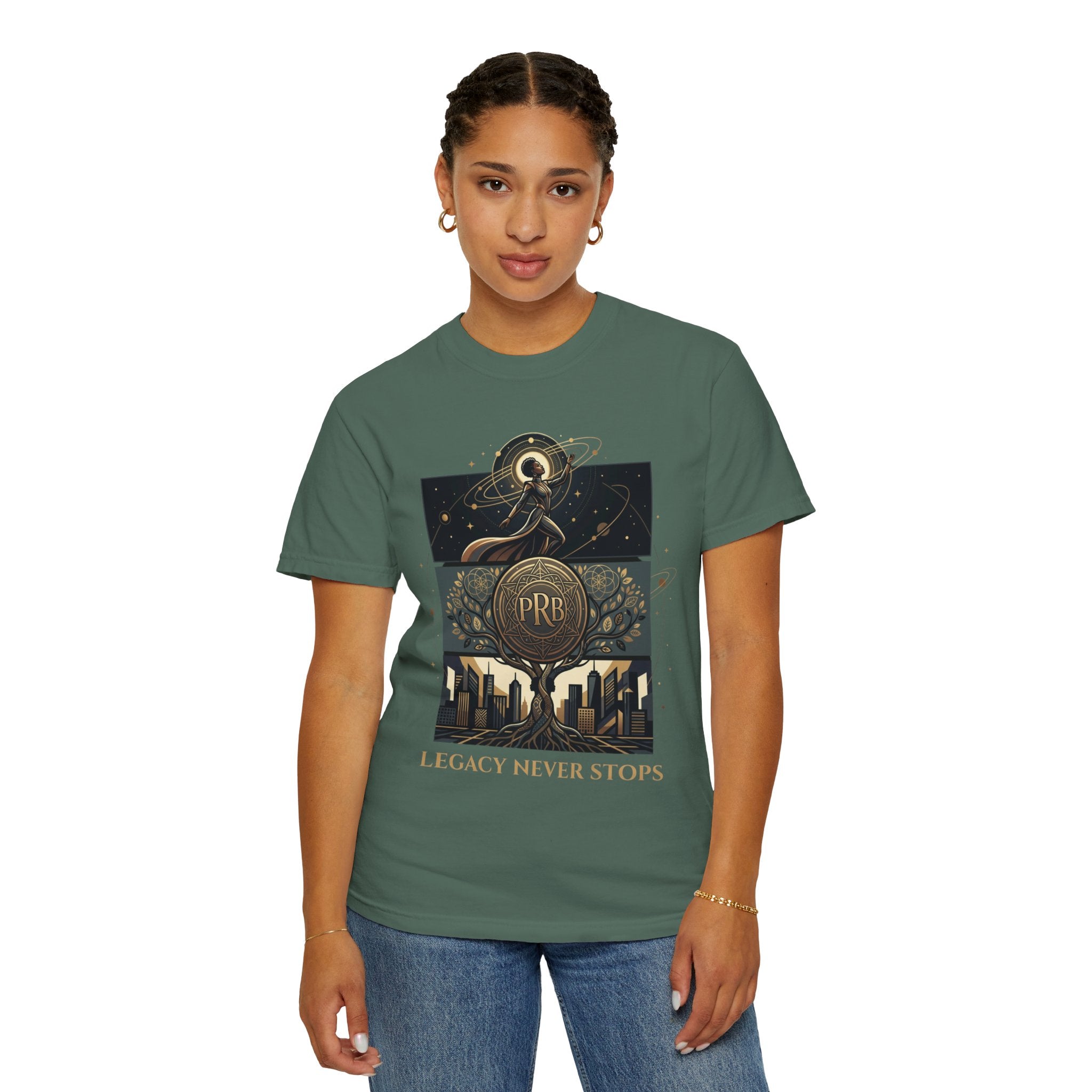 PRB Legacy Never Stops Graphic T-Shirt | Art Deco City Skyline Tee by Printify