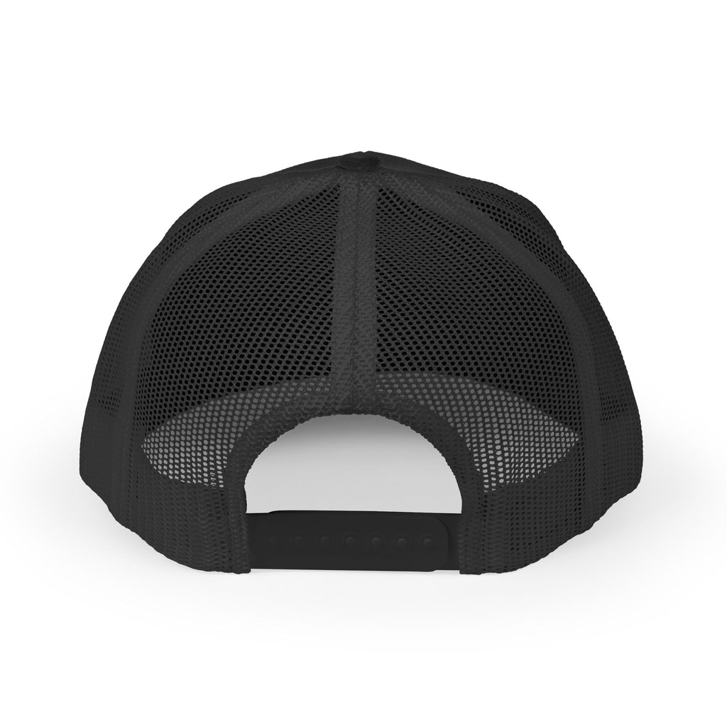 Power Runs Black Retro Flame Patch Trucker Hat | Snapback Mesh Cap by Printify