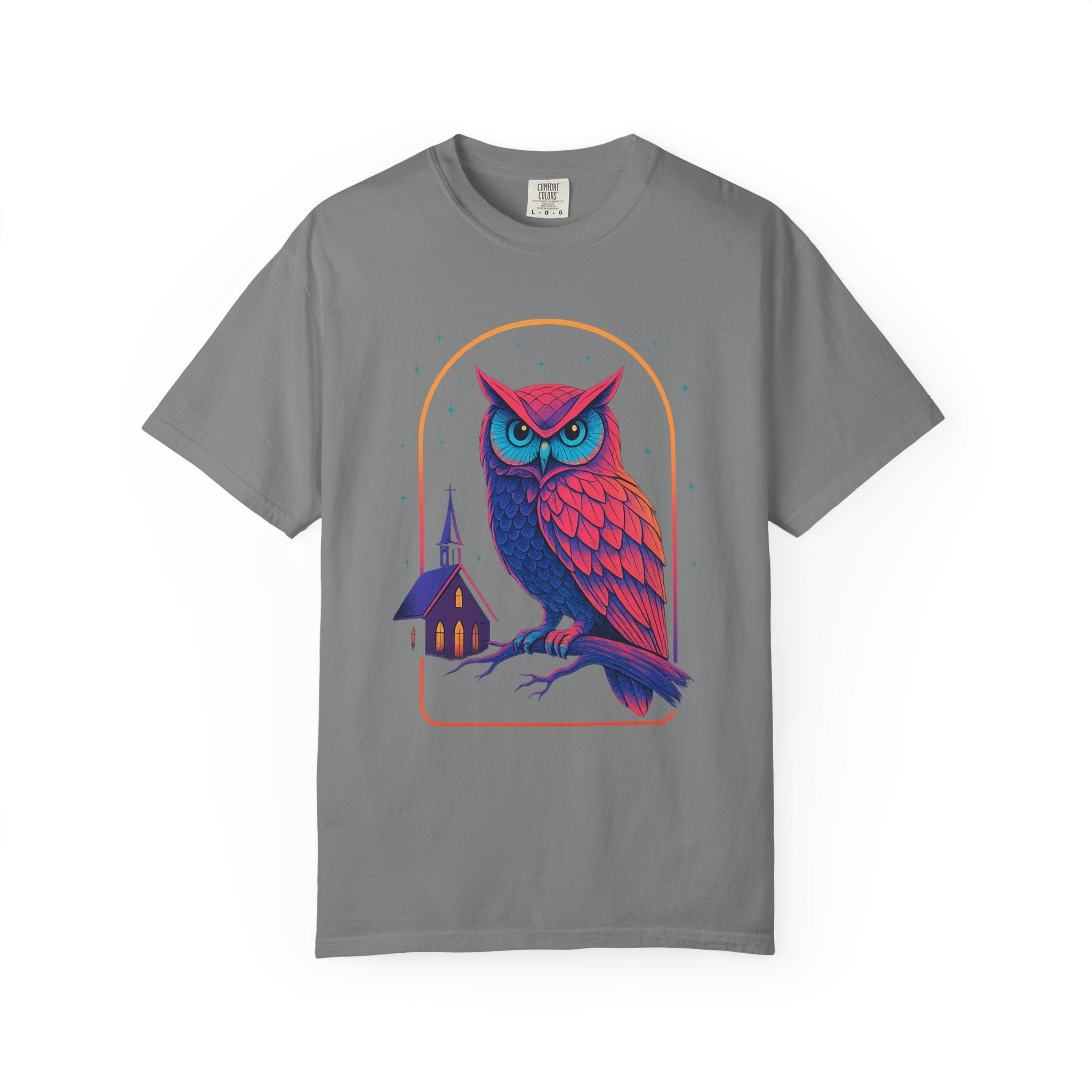 Neon Owl Illustration T-Shirt | Night Church Graphic Tee by Printify