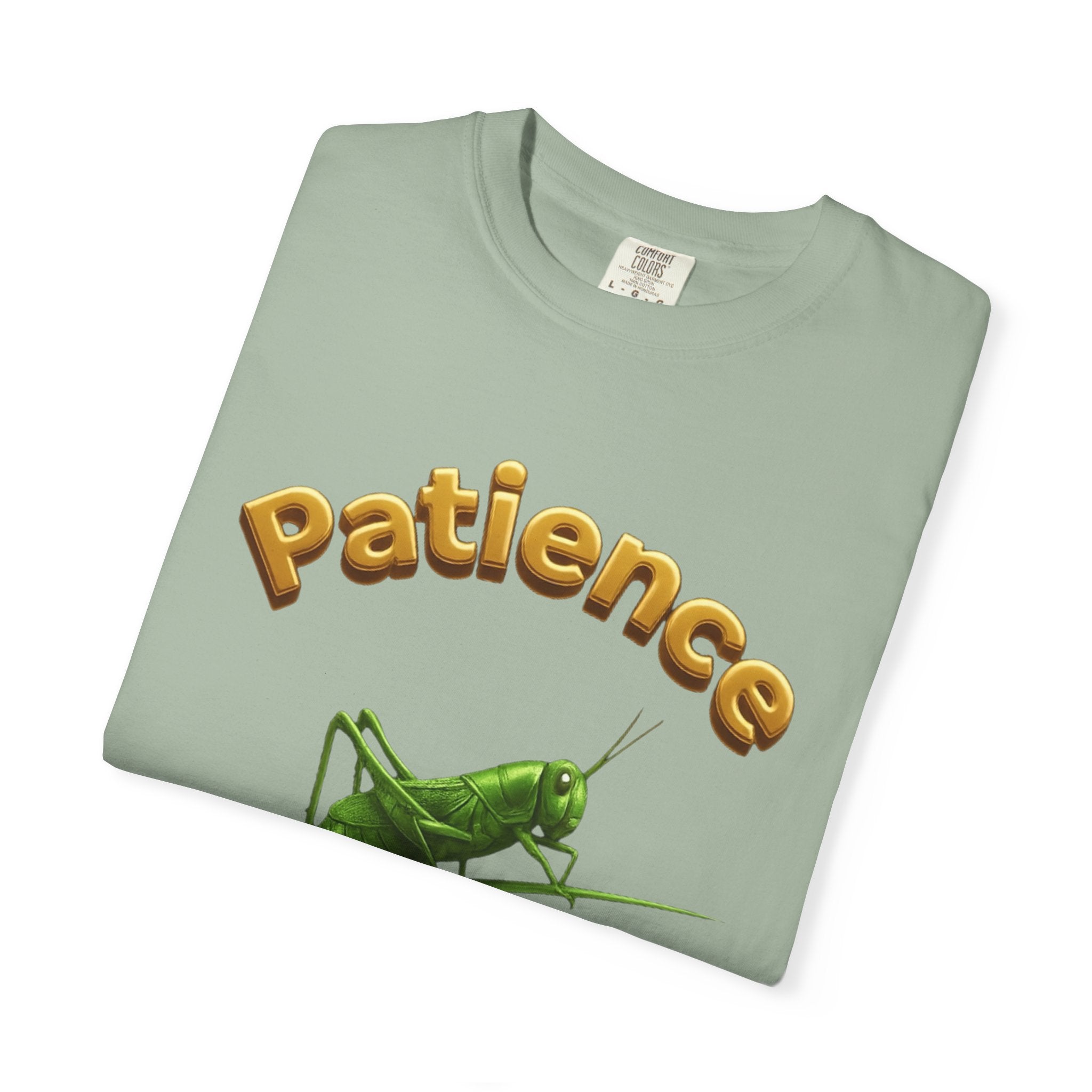 PRB Patience Grasshopper T-shirt | Green Grasshopper Illustration, Positive Quote by Power Runs Black