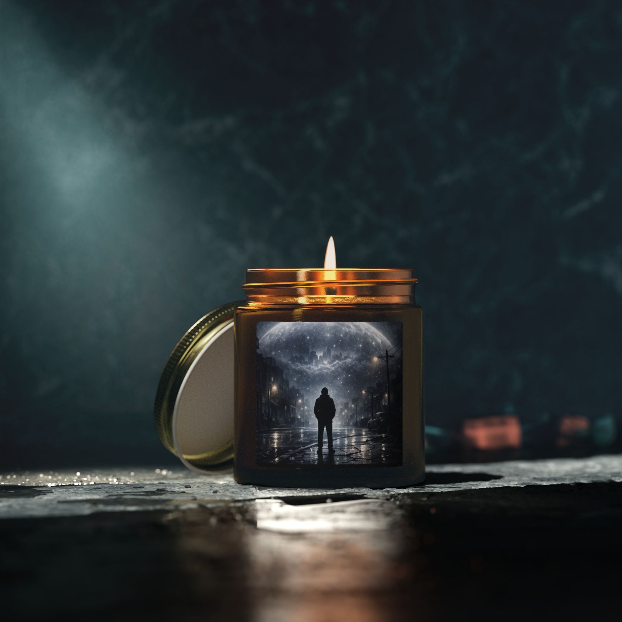 PRB Lone Figure Under Moonlight Candle | Coconut Apricot Wax Jar by Power Runs Black