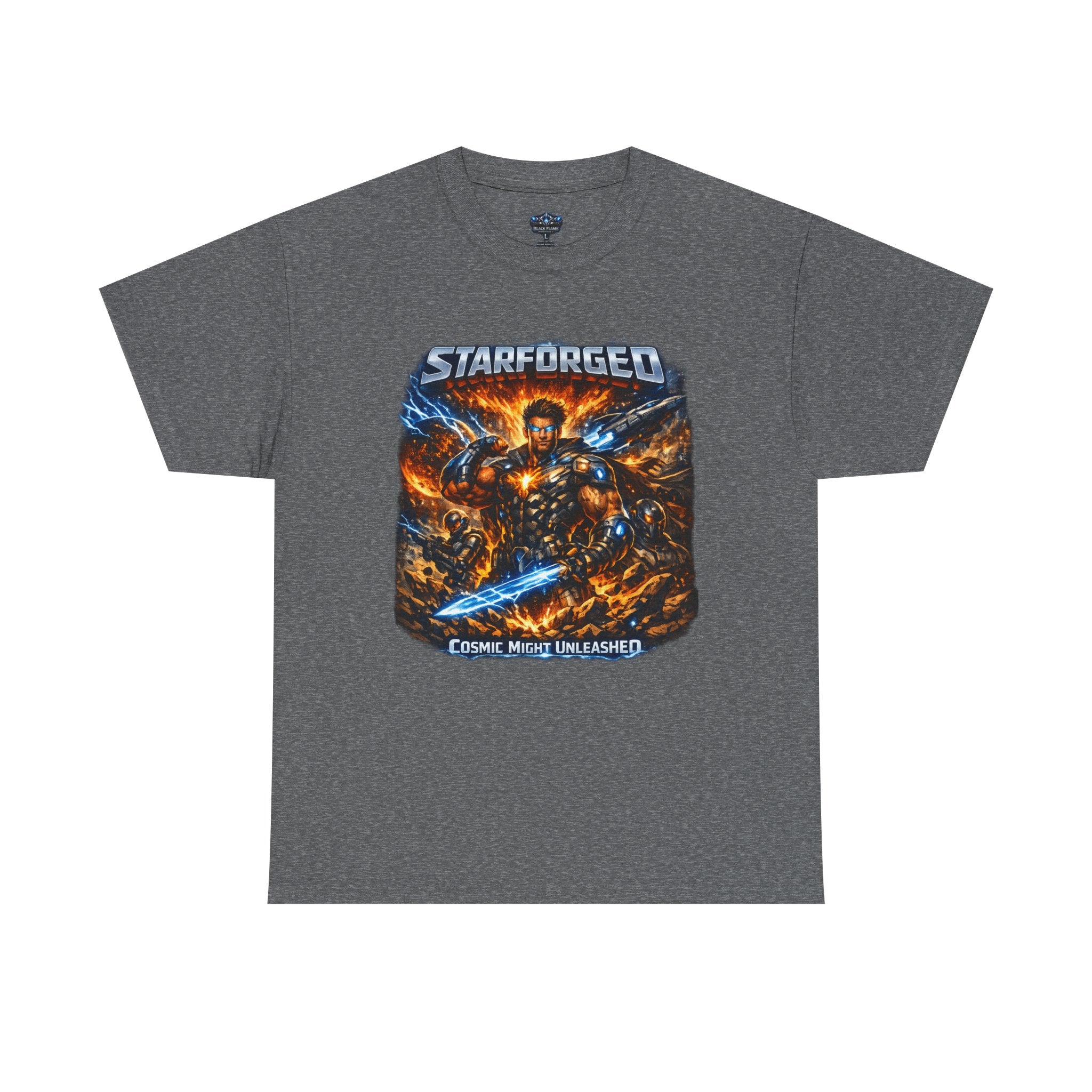 Starforged Flex : Cosmic Might Unleashed Illustration Graphic T by Power Runs Black