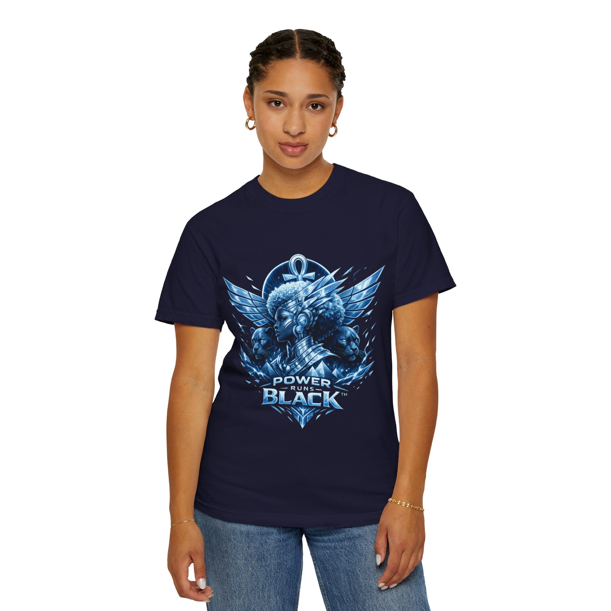Power of Black Graphic T-Shirt — Egyptian Ankh Warrior Design by Power Runs Black