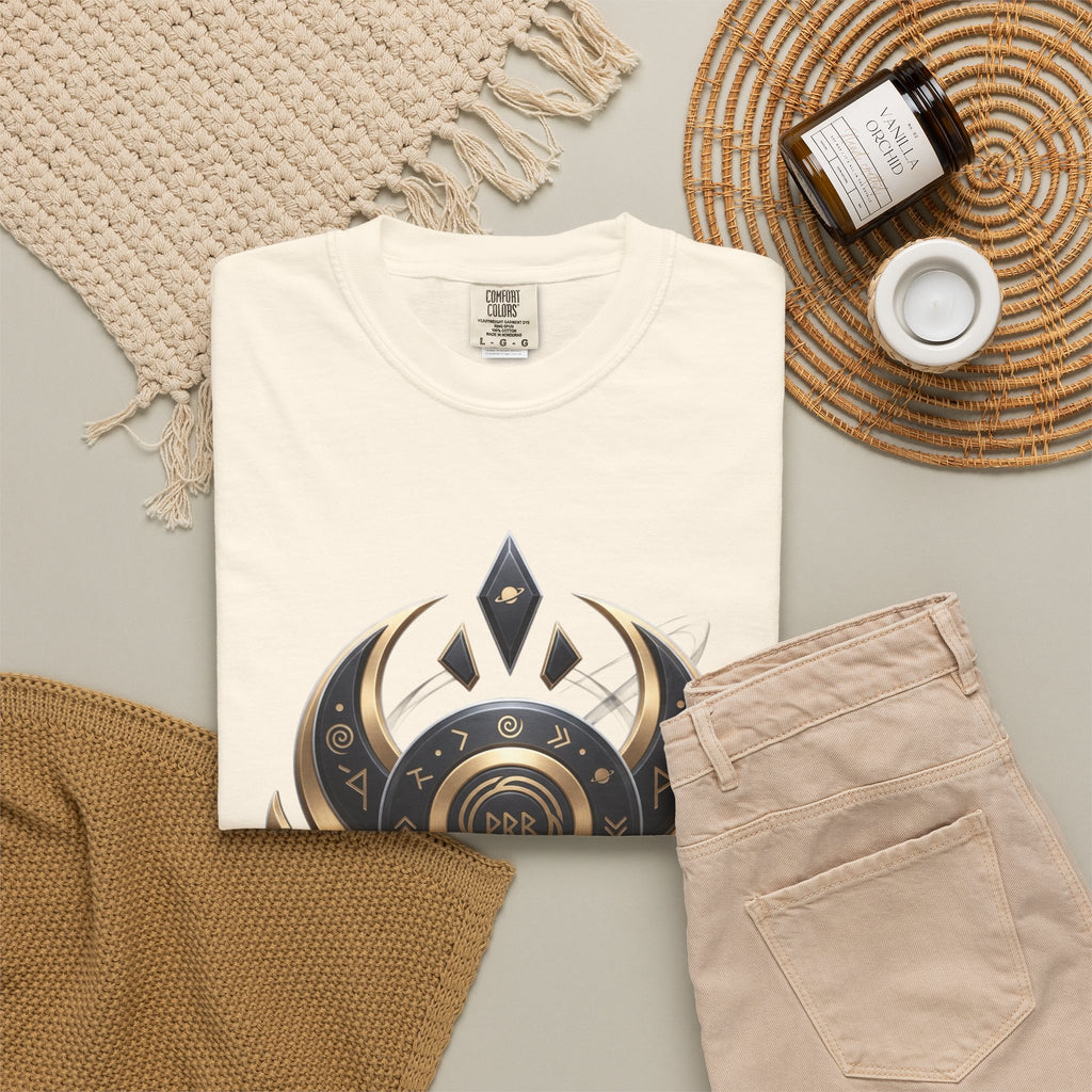 Power Runs Black Mystic Compass Disc T-Shirt — Geometric Gold & Black Emblem Tee by Printify
