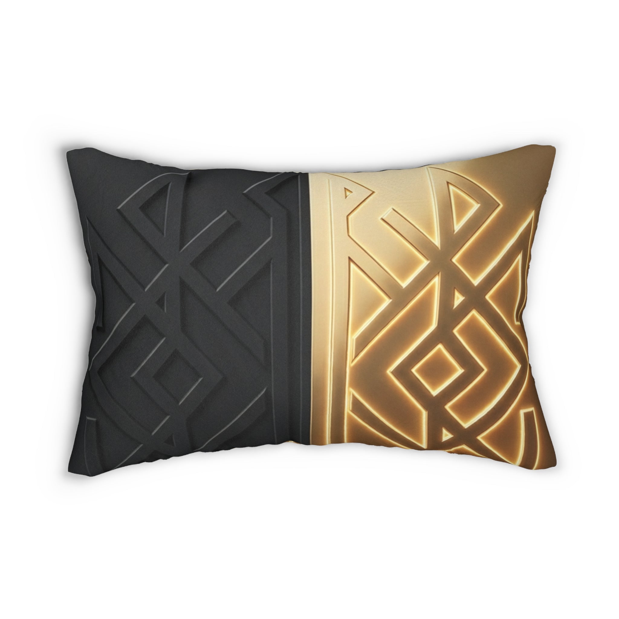 Power Runs Black PRB Lumbar Pillow — Black & Gold Geometric Embossed Design by Printify