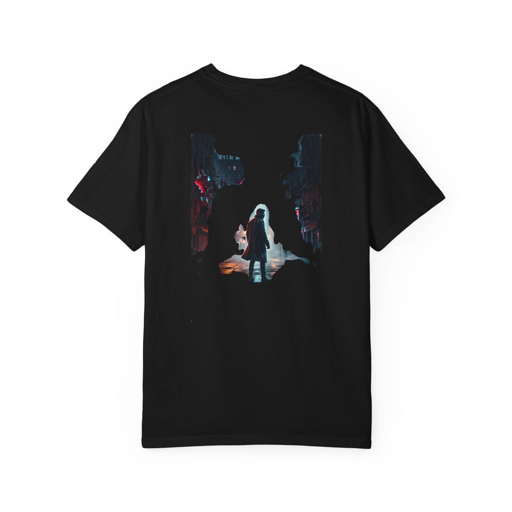 Syndication Loop Cyberpunk Portrait Tee — Tech-Noir Graphic T-Shirt | Power Runs Black by Printify