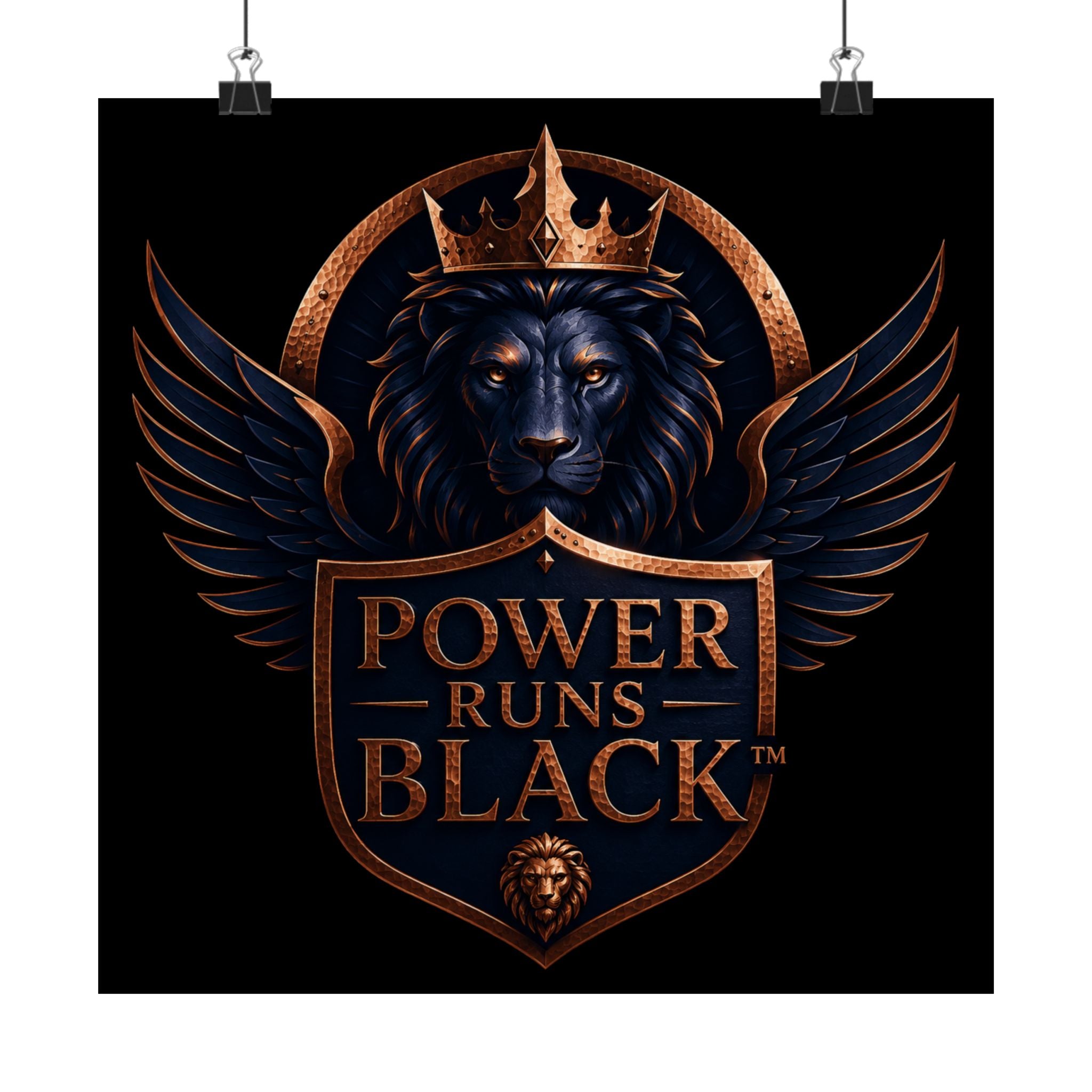Power Runs Black Matte Poster — Regal Lion Crest Wall Art by Power Runs Black
