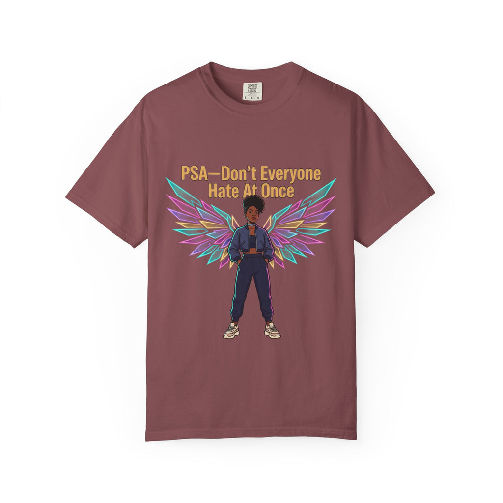 T-Shirt — PSA “Don't Everyone Hate At Once” Angel Wings Graphic Tee by Printify