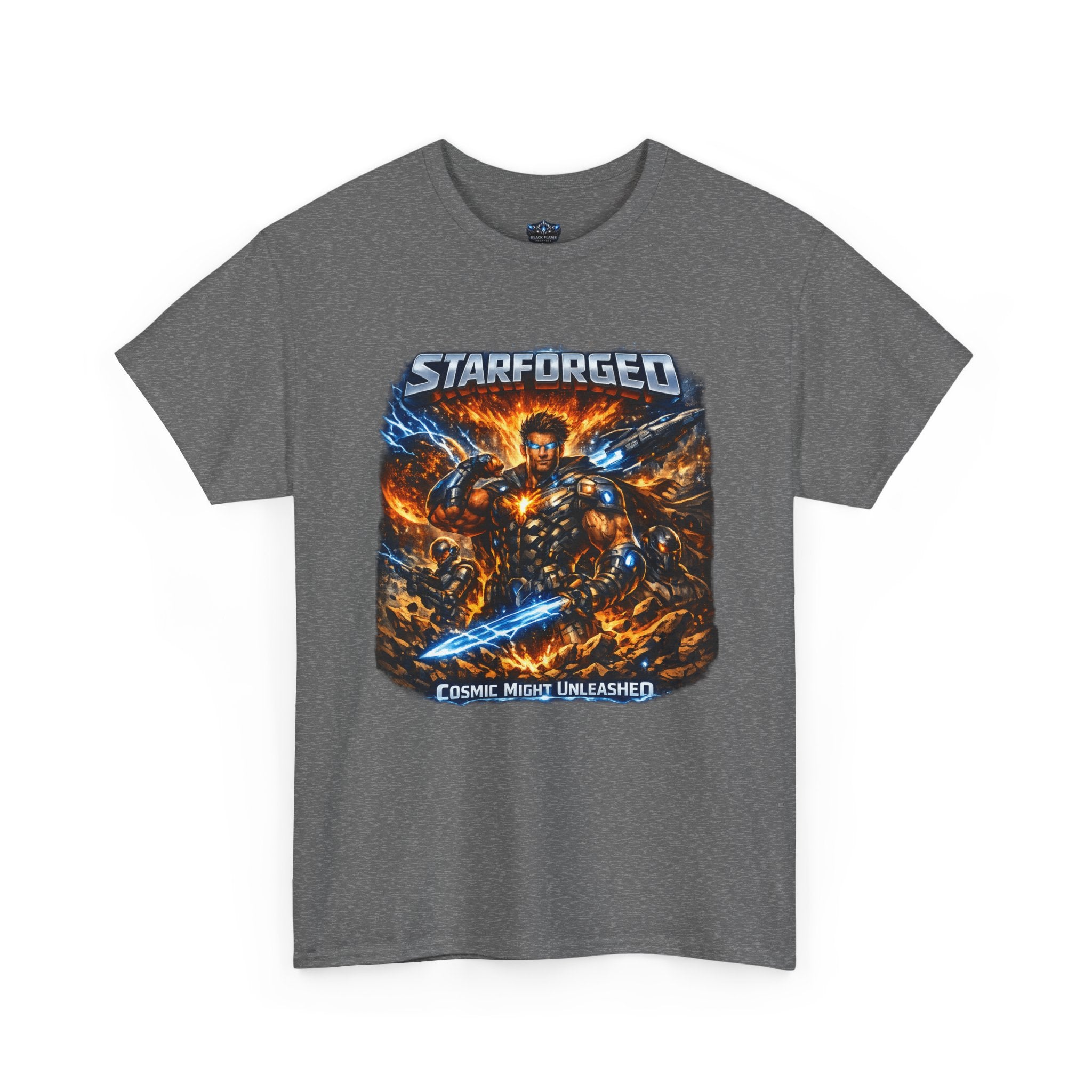 Starforged Flex : Cosmic Might Unleashed Illustration Graphic T by Power Runs Black