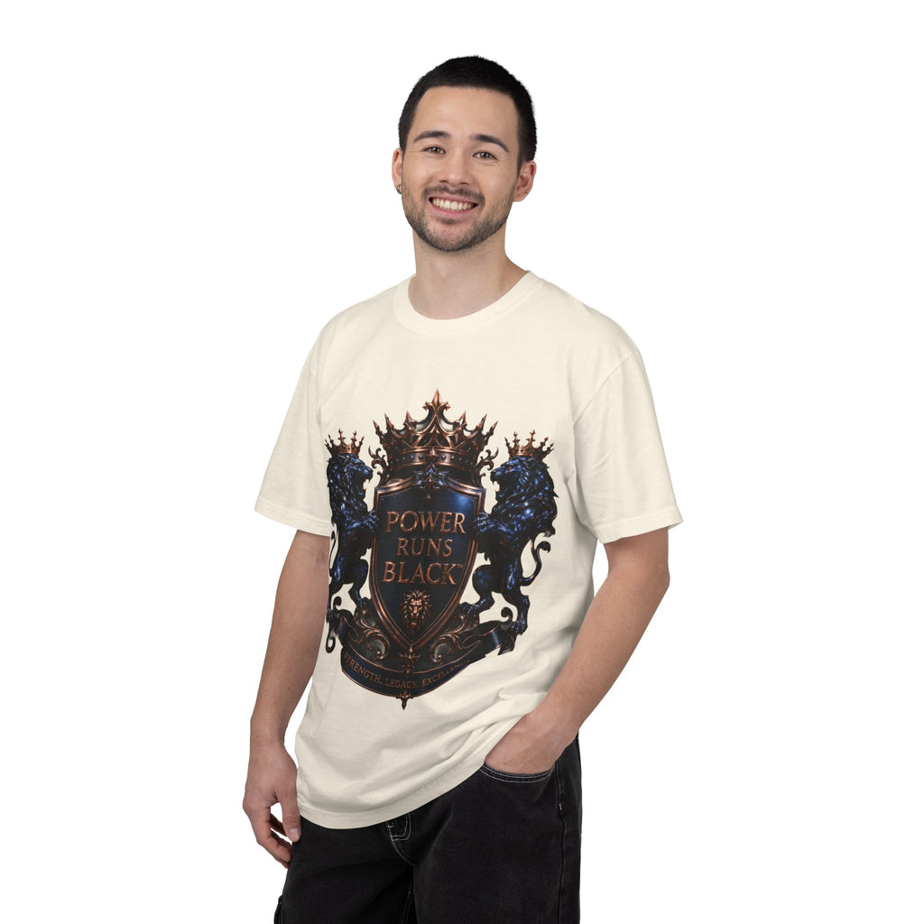 Power Runs Black Crest T-shirt | Heraldic Lion Shield Tee by Power Runs Black