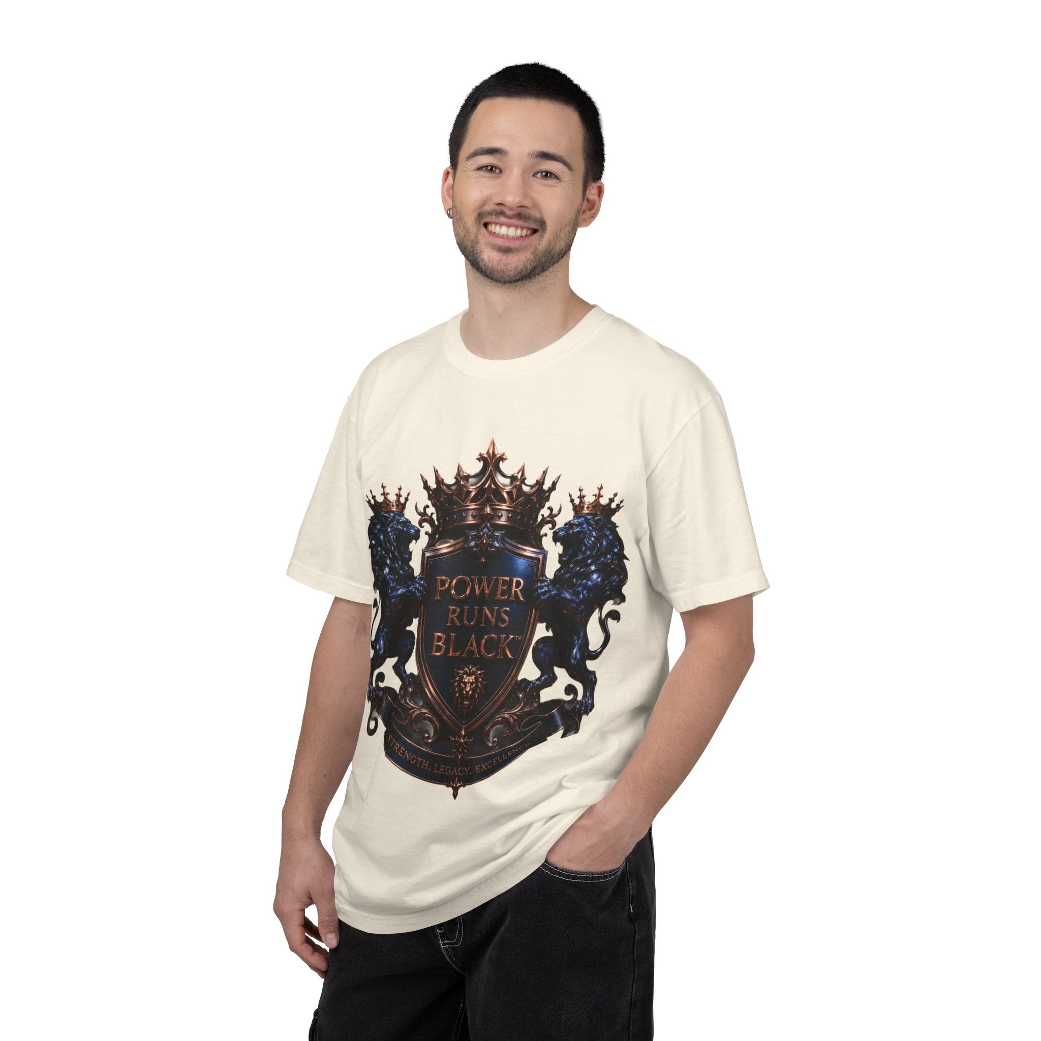 Power Runs Black Crest T-shirt | Heraldic Lion Shield Tee by Power Runs Black