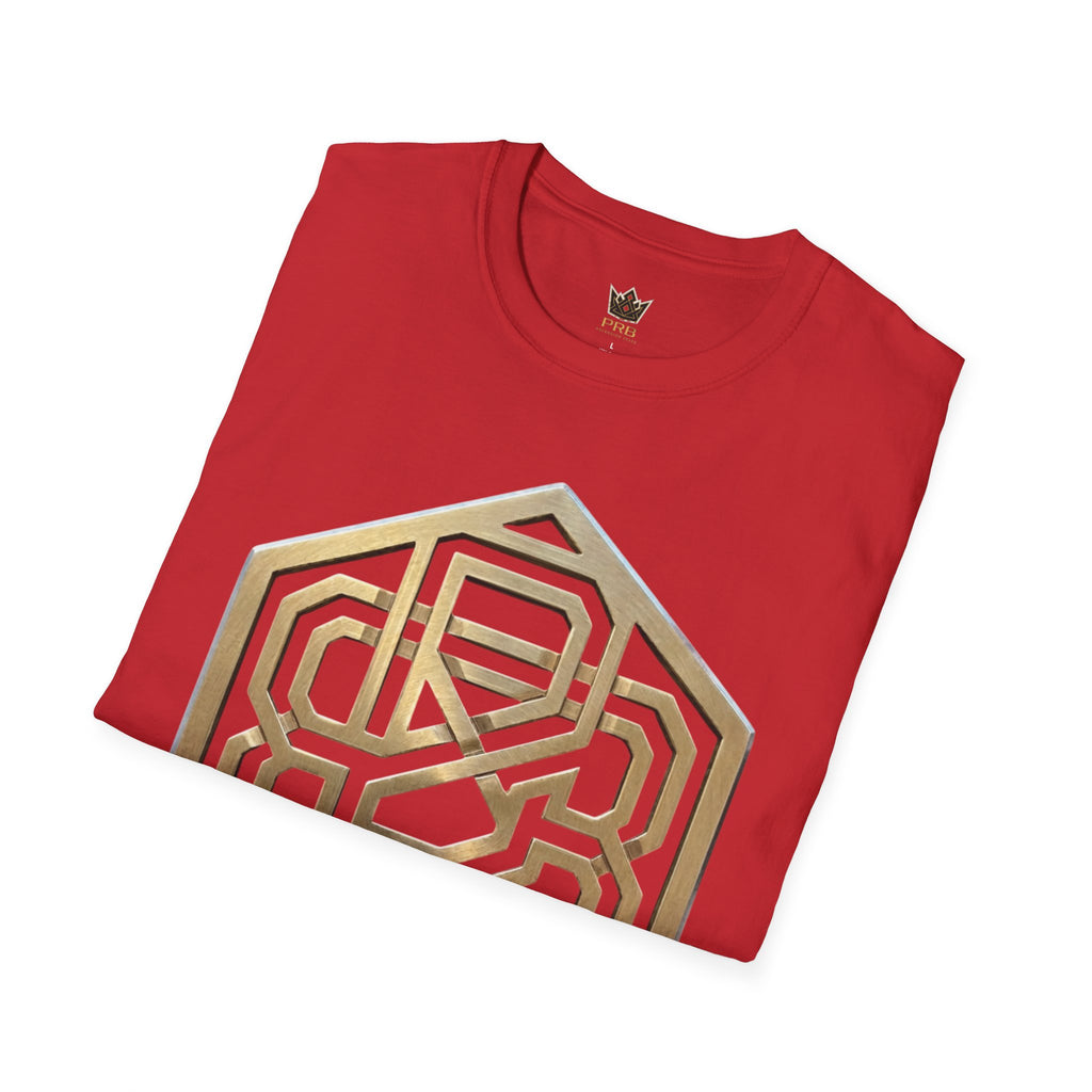 Power Runs Black PRB Geometric Gold Hexagon T-Shirt — Modern Maze Logo Tee by Printify