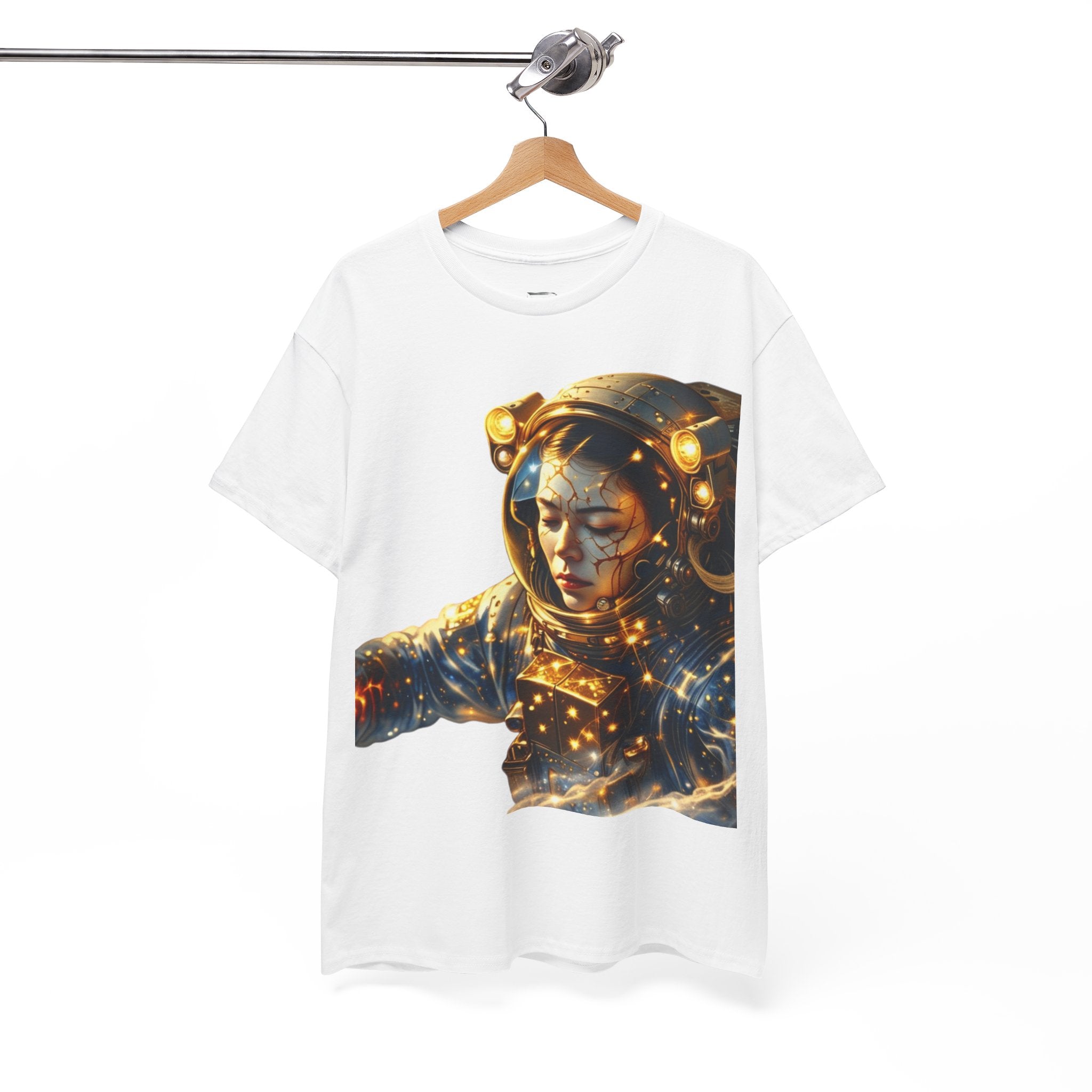 Power Runs Black PRB Golden Astronaut Portrait T-Shirt | Space Helmet Art, Cosmic Lights by Printify
