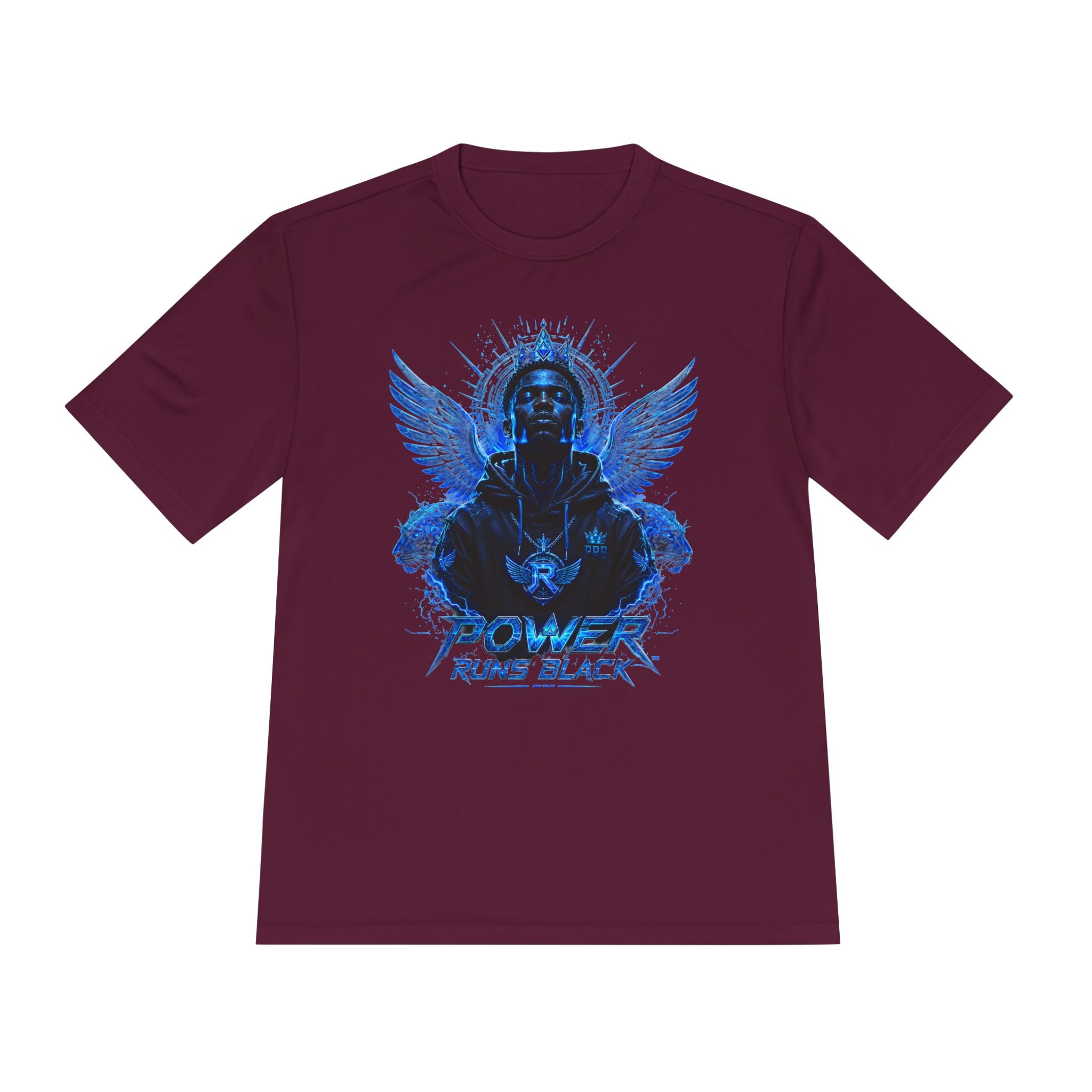Power Runs Black graphic Tee | Blue angel wings, armored figure, bold script by Power Runs Black