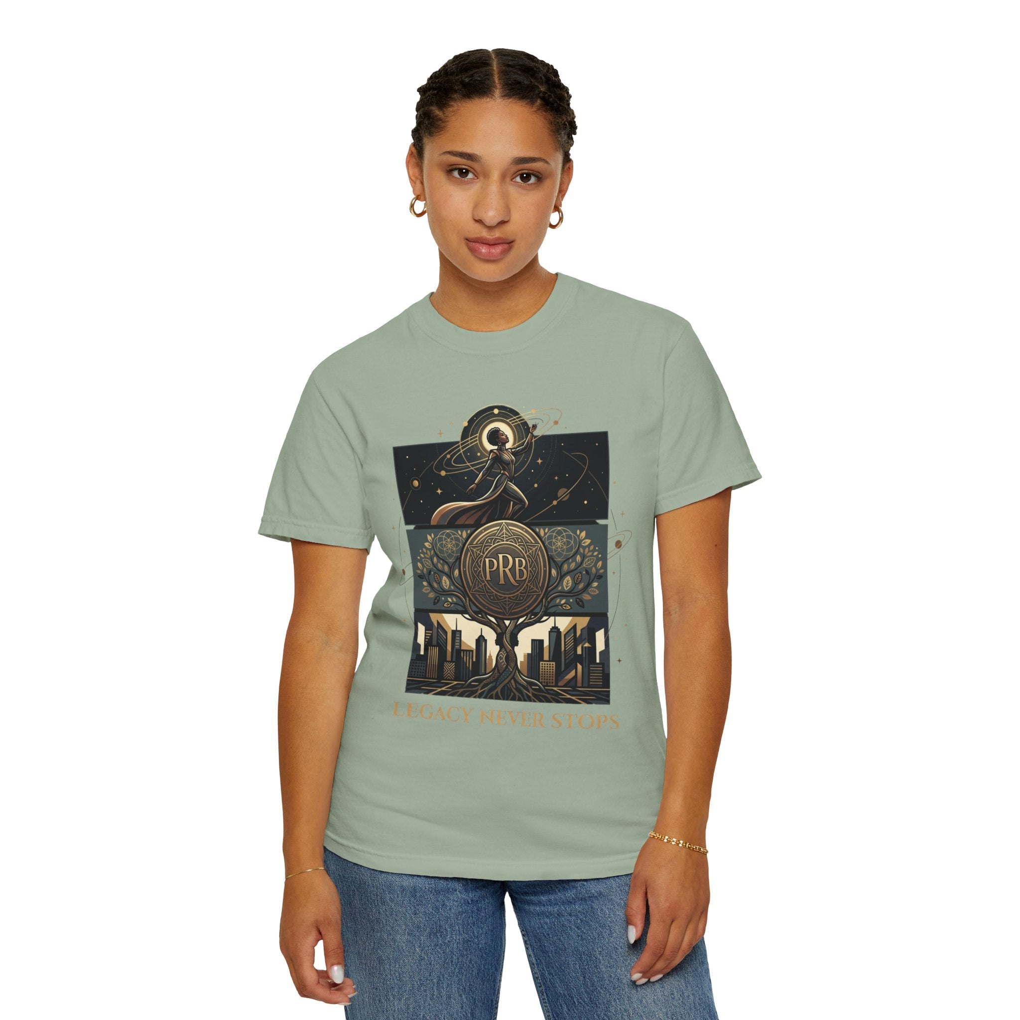 PRB Legacy Never Stops Graphic T-Shirt | Art Deco City Skyline Tee by Printify