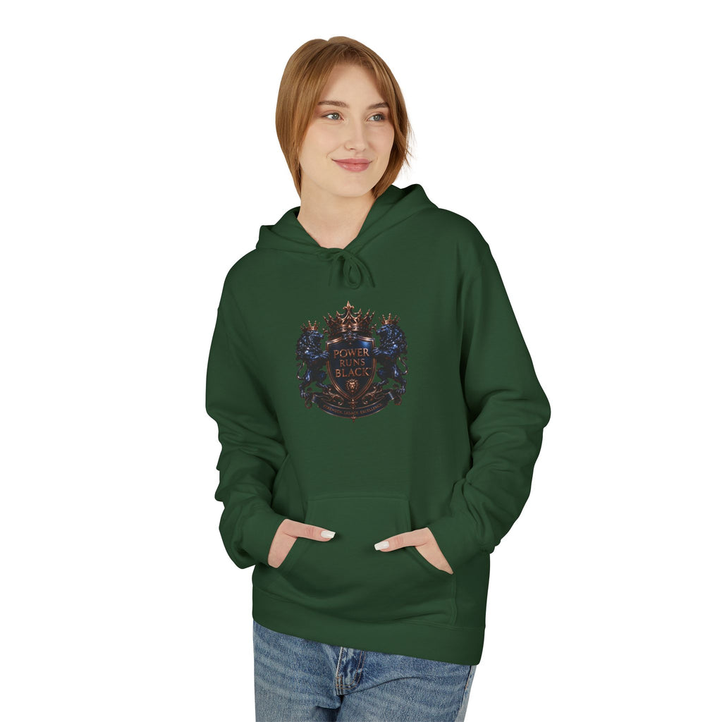 Power Runs Black crest hoodie | medieval shield with lions and wings by Power Runs Black