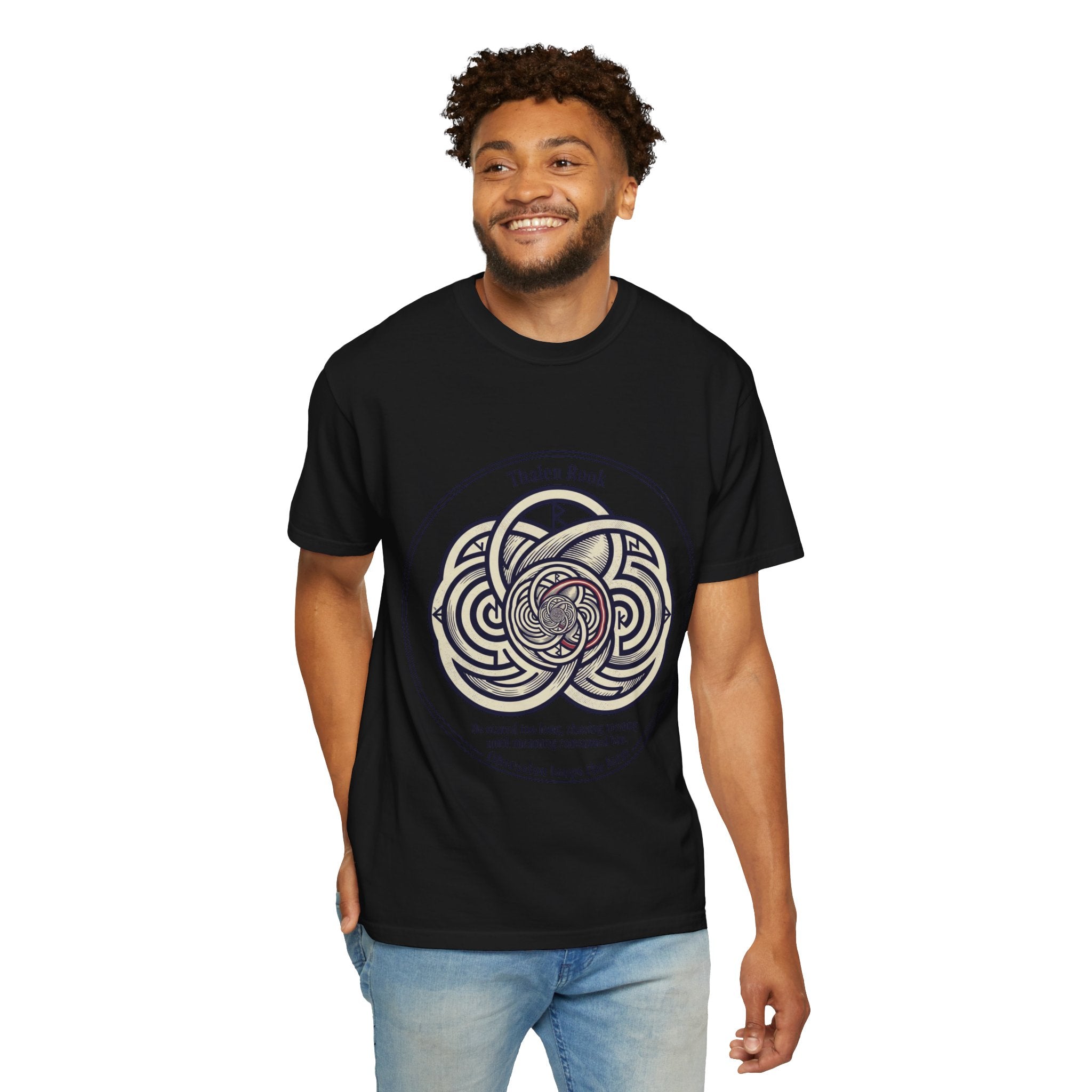 Power Runs Black PRB Thalen Rook Celtic Knot Graphic T-Shirt — "He stared too long..." Quote Tee by Printify