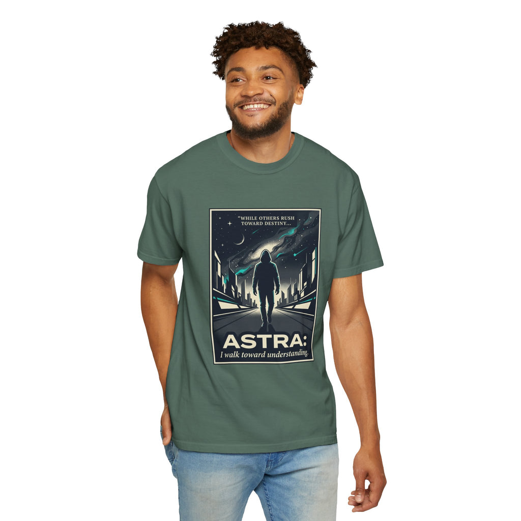 Power Runs Black Astra Sci‑Fi Graphic T-Shirt — "I walk toward understanding" Poster Design by Power Runs Black
