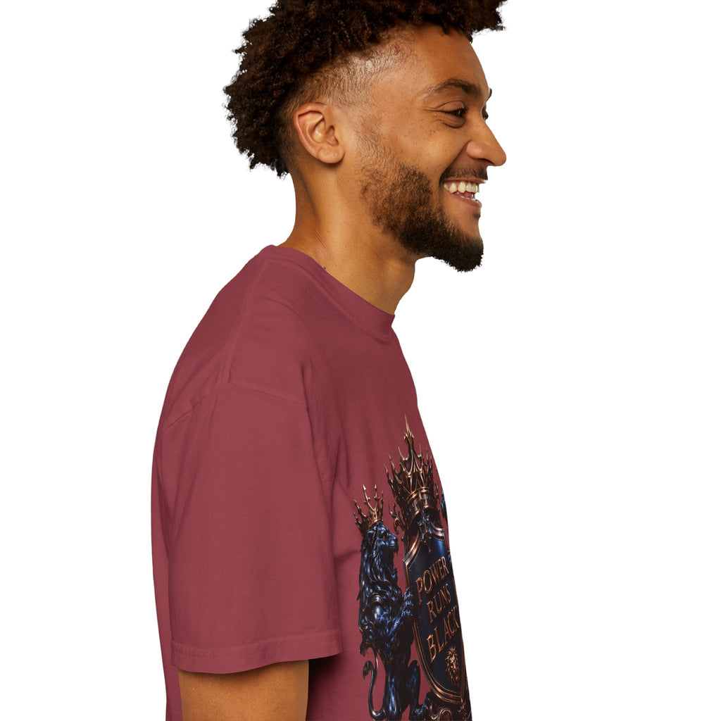 Power Runs Black Crest T-shirt | Heraldic Lion Shield Tee by Power Runs Black