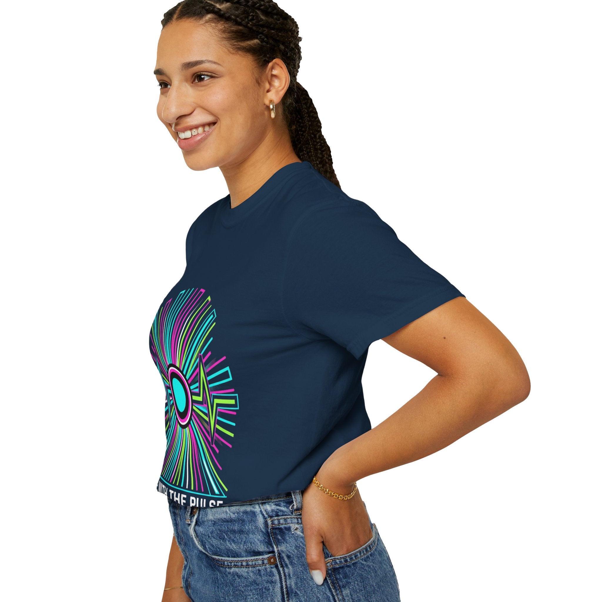 Power Runs Black PRB Electric "Move With Pulse" Graphic T-Shirt — Neon Sunburst Design by Power Runs Black