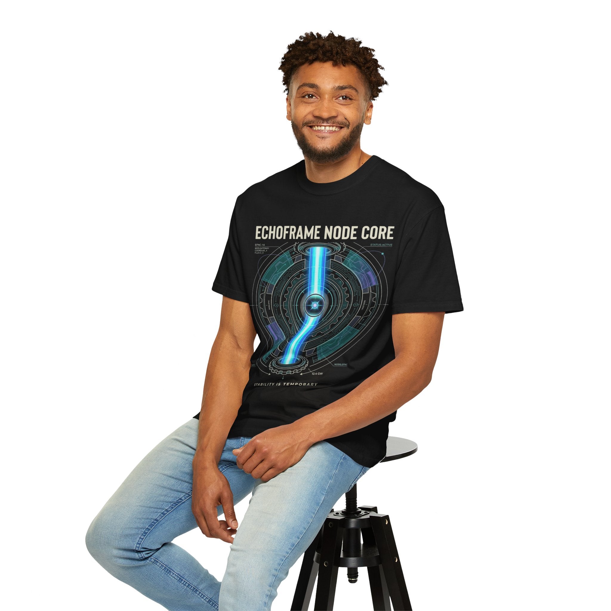 Power Runs Black PRB Echoframe Node Core T-Shirt — Futuristic Tech Graphic Tee by Power Runs Black