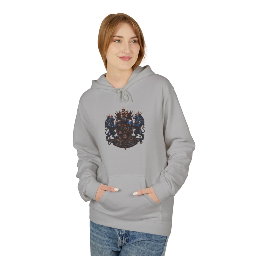 Power Runs Black crest hoodie | medieval shield with lions and wings by Power Runs Black