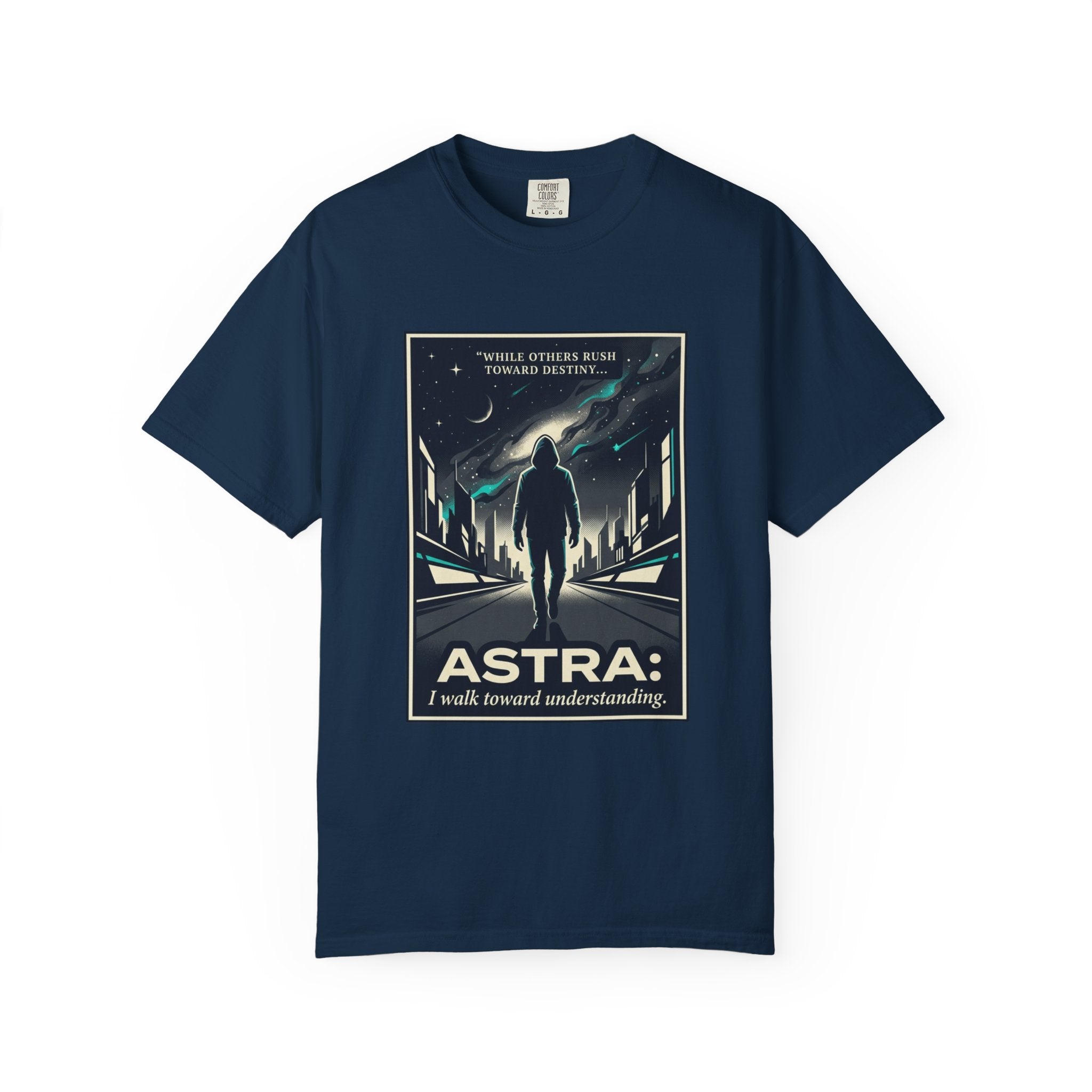 Power Runs Black Astra Sci‑Fi Graphic T-Shirt — "I walk toward understanding" Poster Design by Power Runs Black
